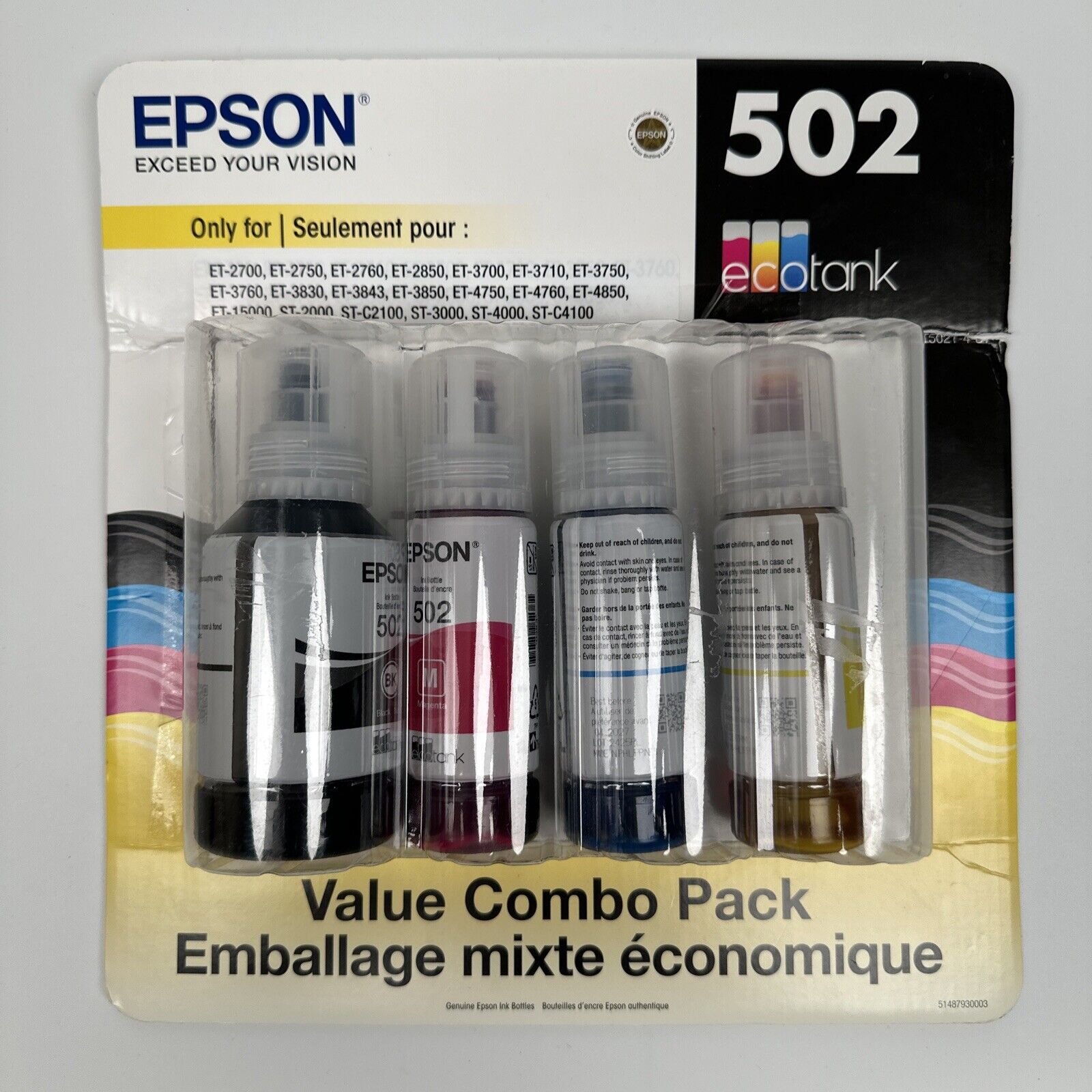 Epson Econtank 502 4 Bottle Pack Black Magenta Blue Yellow Genuine OPEN BOX
