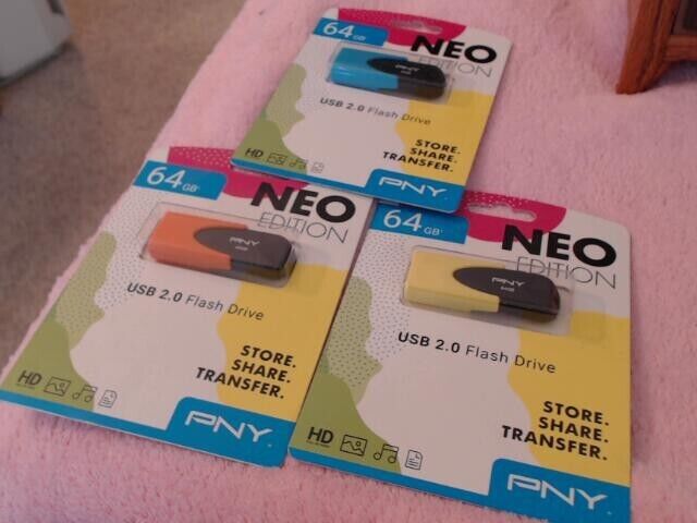 Lot of 3 New 64 GB PNY Neo Edition USB Flash Drive 