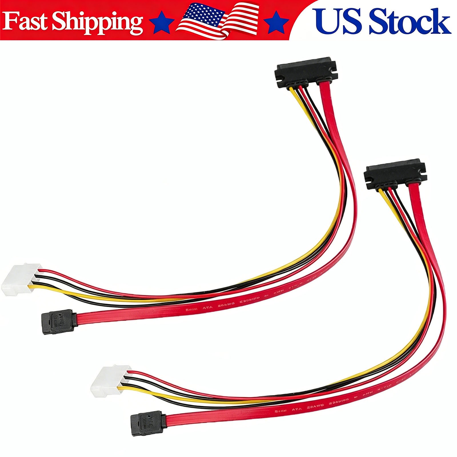 2Pack SATA 7+15 Pin Combo Cable HDD SSD Data & Power Adapter 4 Pin