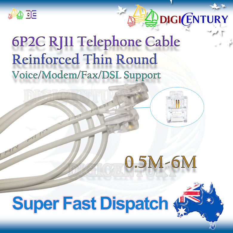 6P2C RJ11 Modular Plug Telephone ADSL Cord Cable Reinforced Thin Round 0.5m-6m
