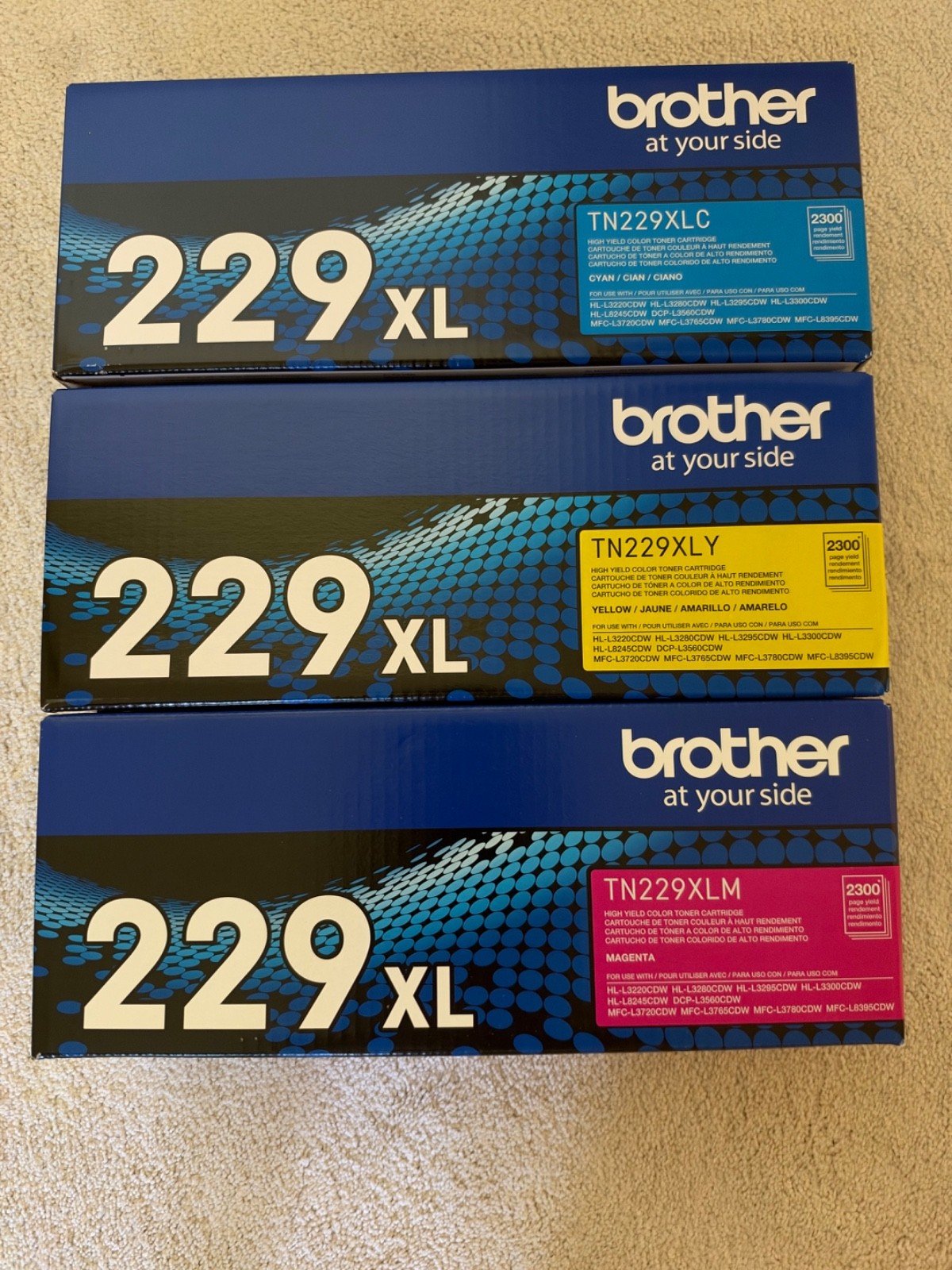 Brother Genuine OEM TN229XL High Yield Cyan, Yellow, Magenta Toner Cartridges