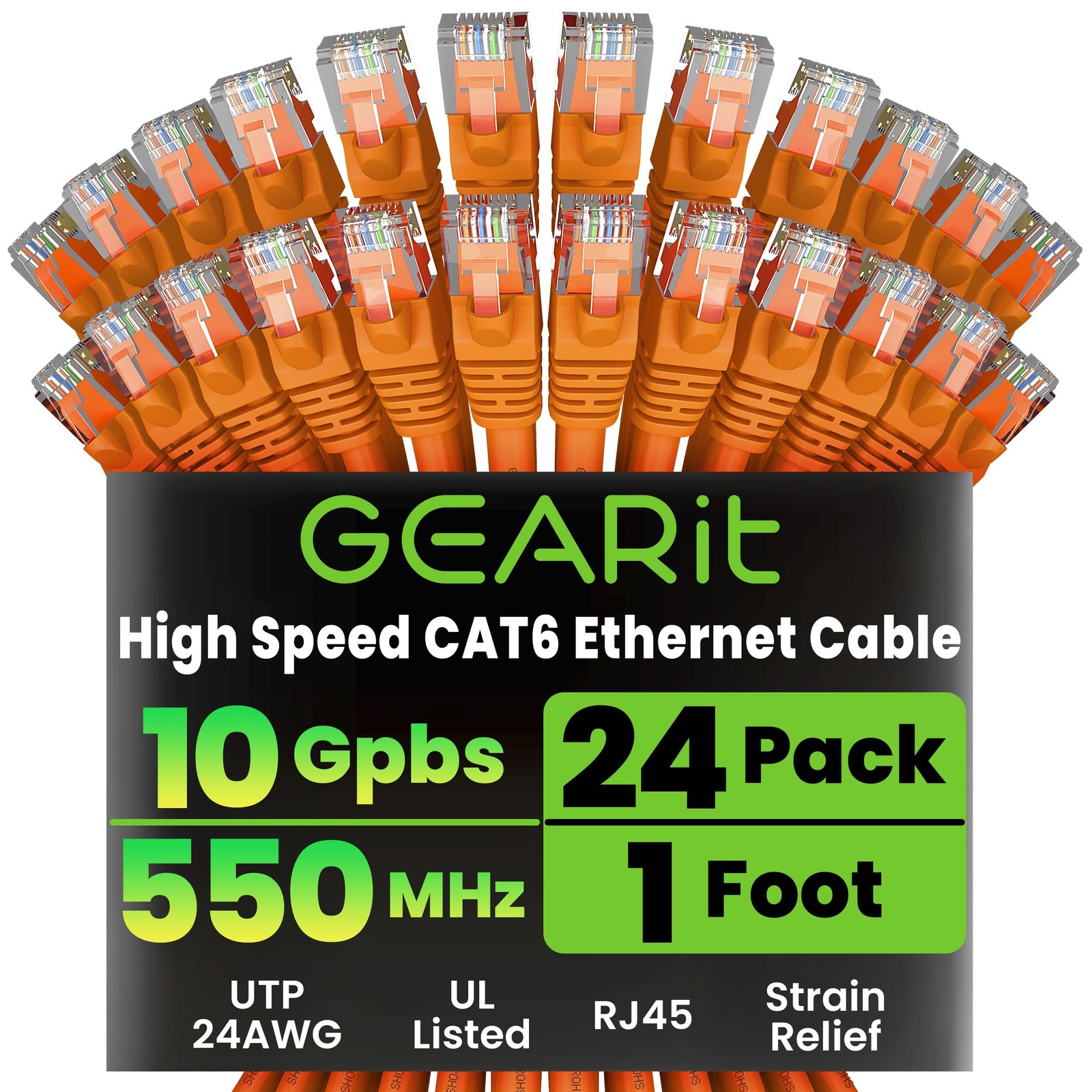24 PCS Cat 6 Ethernet Patch Cable 1 FT Orange 24AWG 10Gbps RJ45 Network Cord