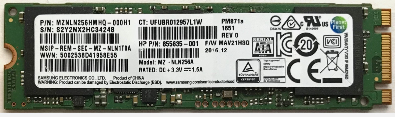 Samsung 256GB M.2 PCIe PM871a MZ-NLN256A SATA SSD Laptop P/N: MZNLN256HMHQ-000H1