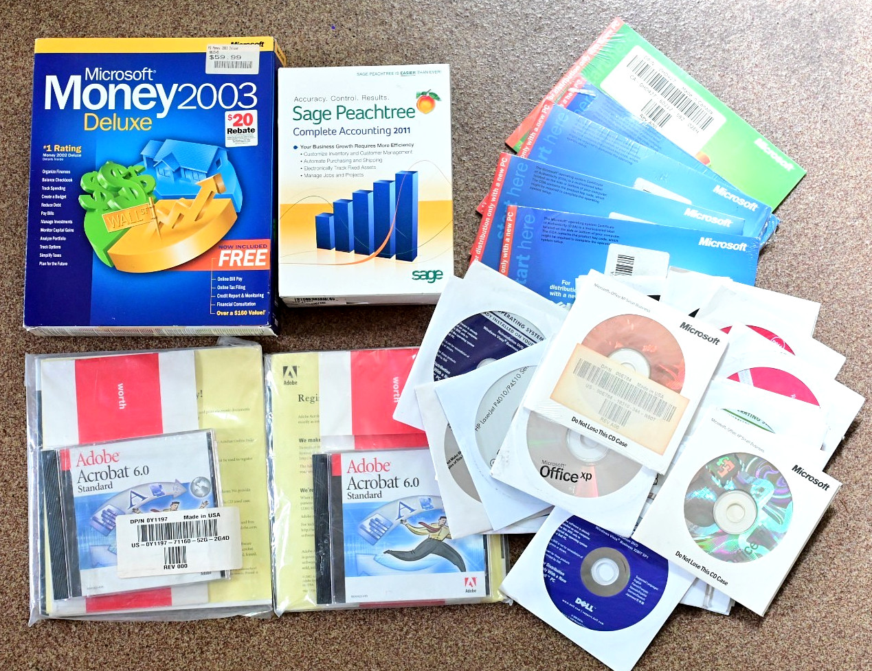 Large Software Lot & DELL CDs Microsoft Money2003 Sage Peachtree 2011 Office XP 