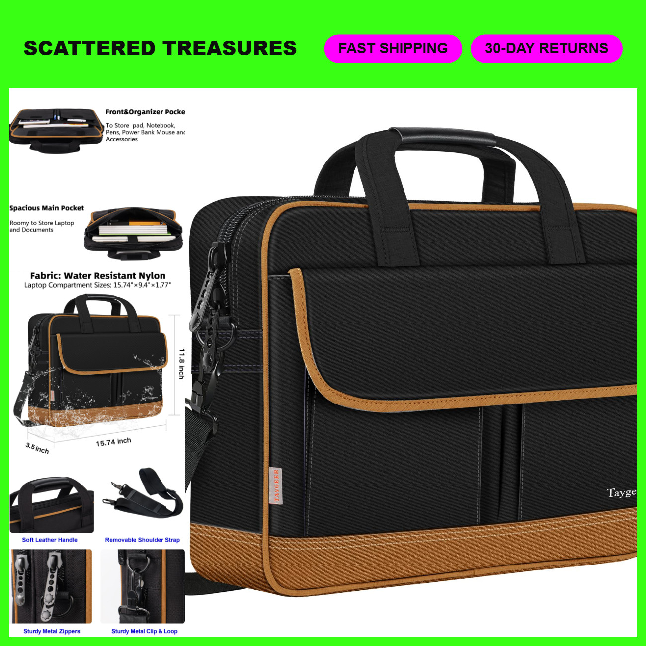 15.6 Inch Laptop Briefcase, Messenger Shoulder Bag, Stylish Black Brown Design