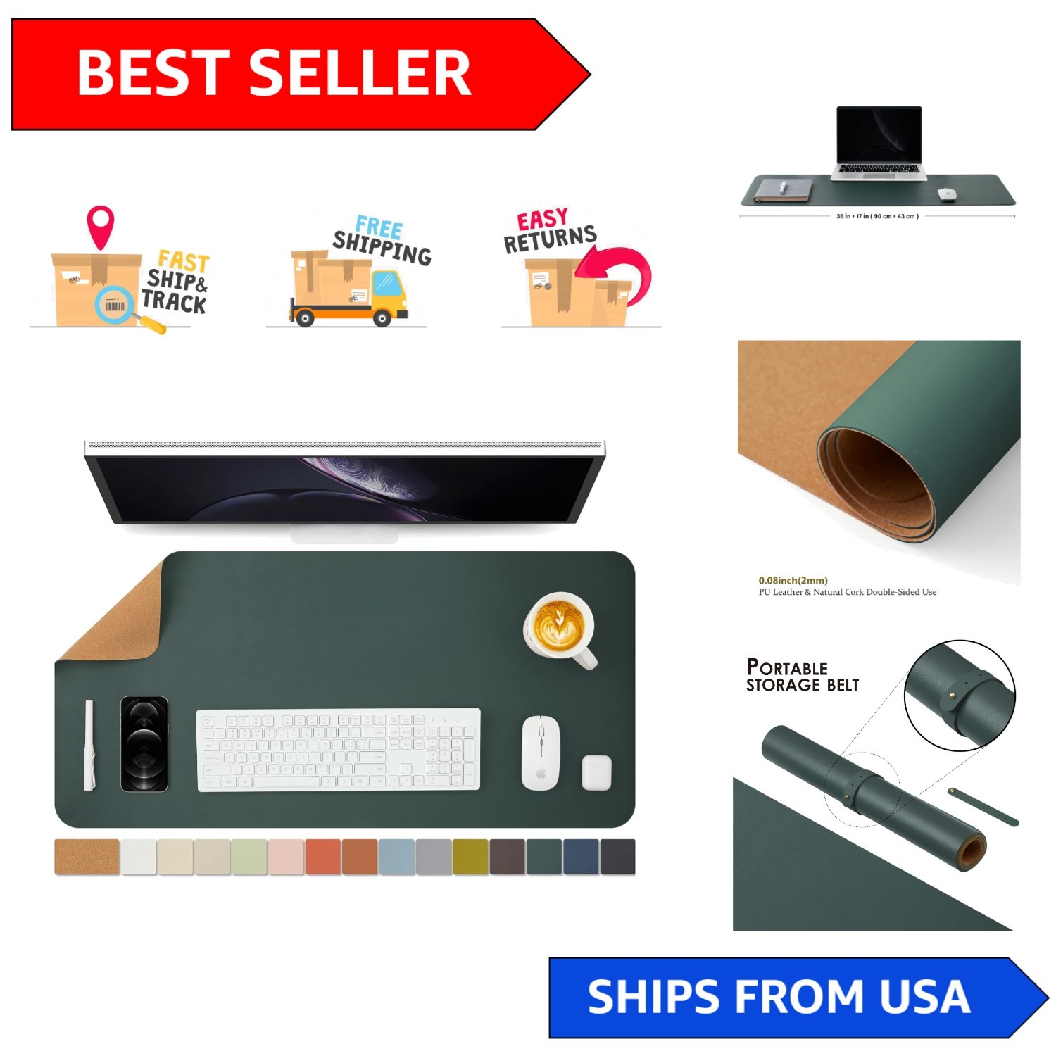 Elegant Dual-Sided Cork Desk Mat - Eco-Friendly Large Mouse Pad, Dark Green