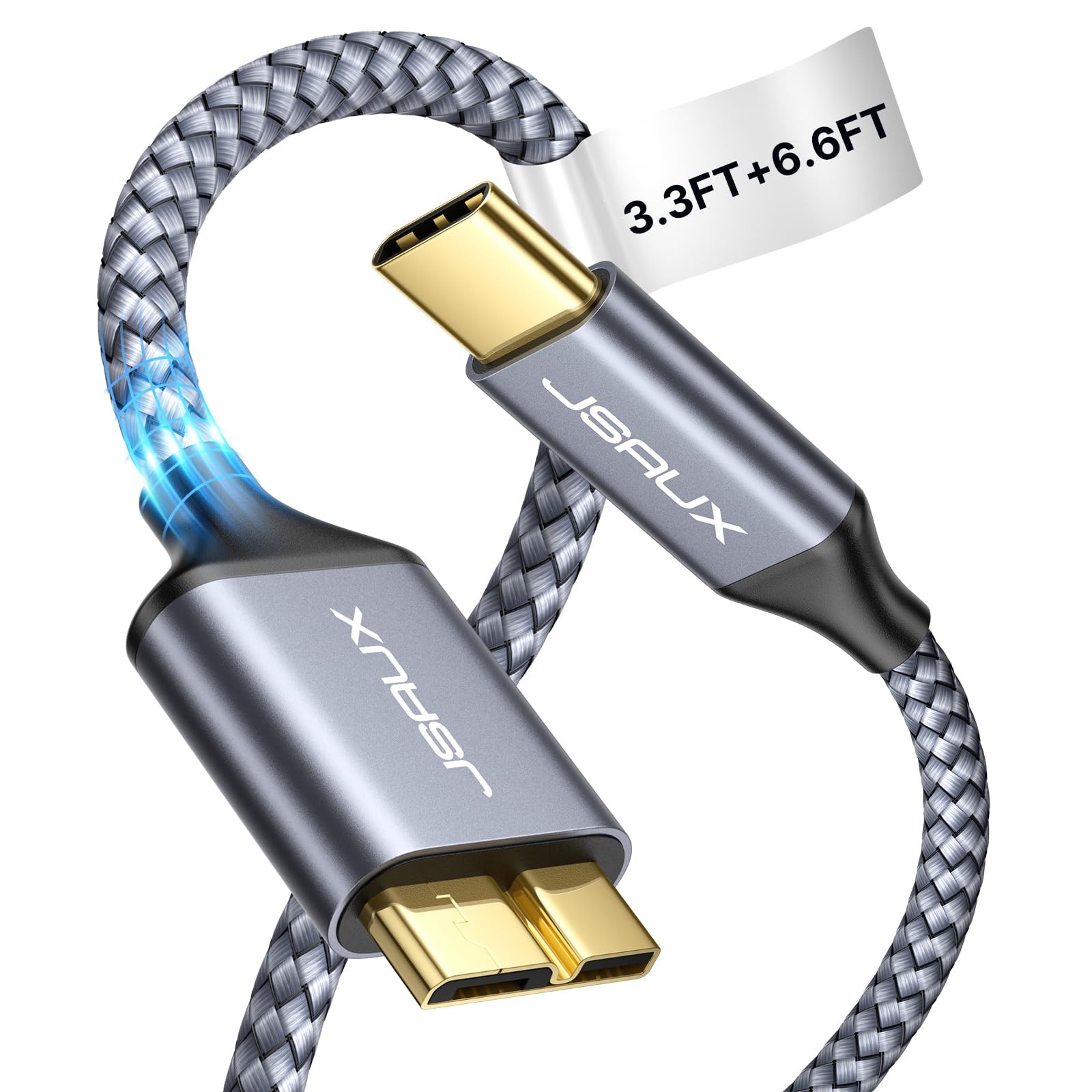 JSAUX 10Gbps Micro B to USB C Hard Drive Cable 3.3FT+6.6FT 3.3FT+6.6FT, Grey