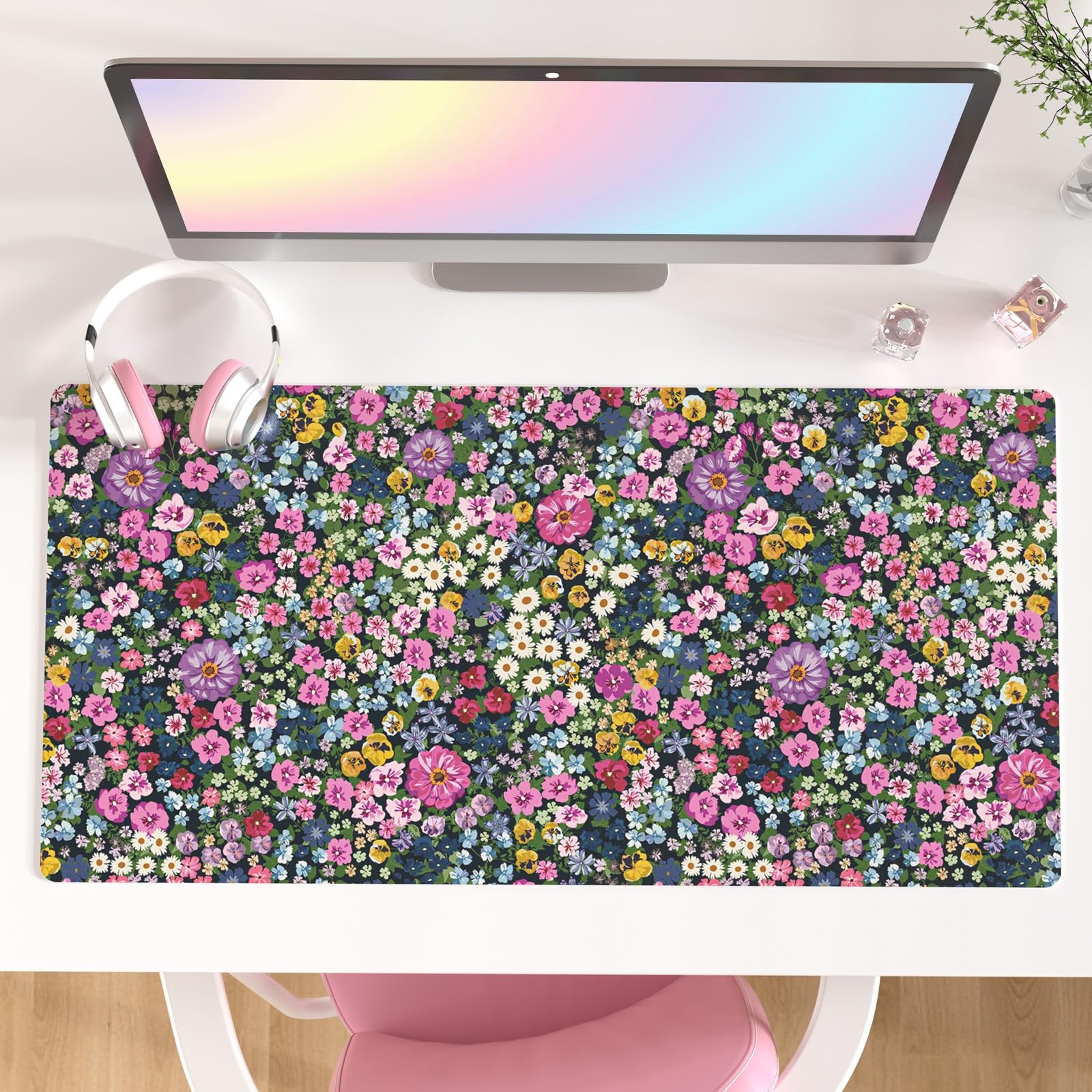31.5x15.7 Inch Floral Large Mouse Pad Waterproof Faux Leather Desk Mat Office