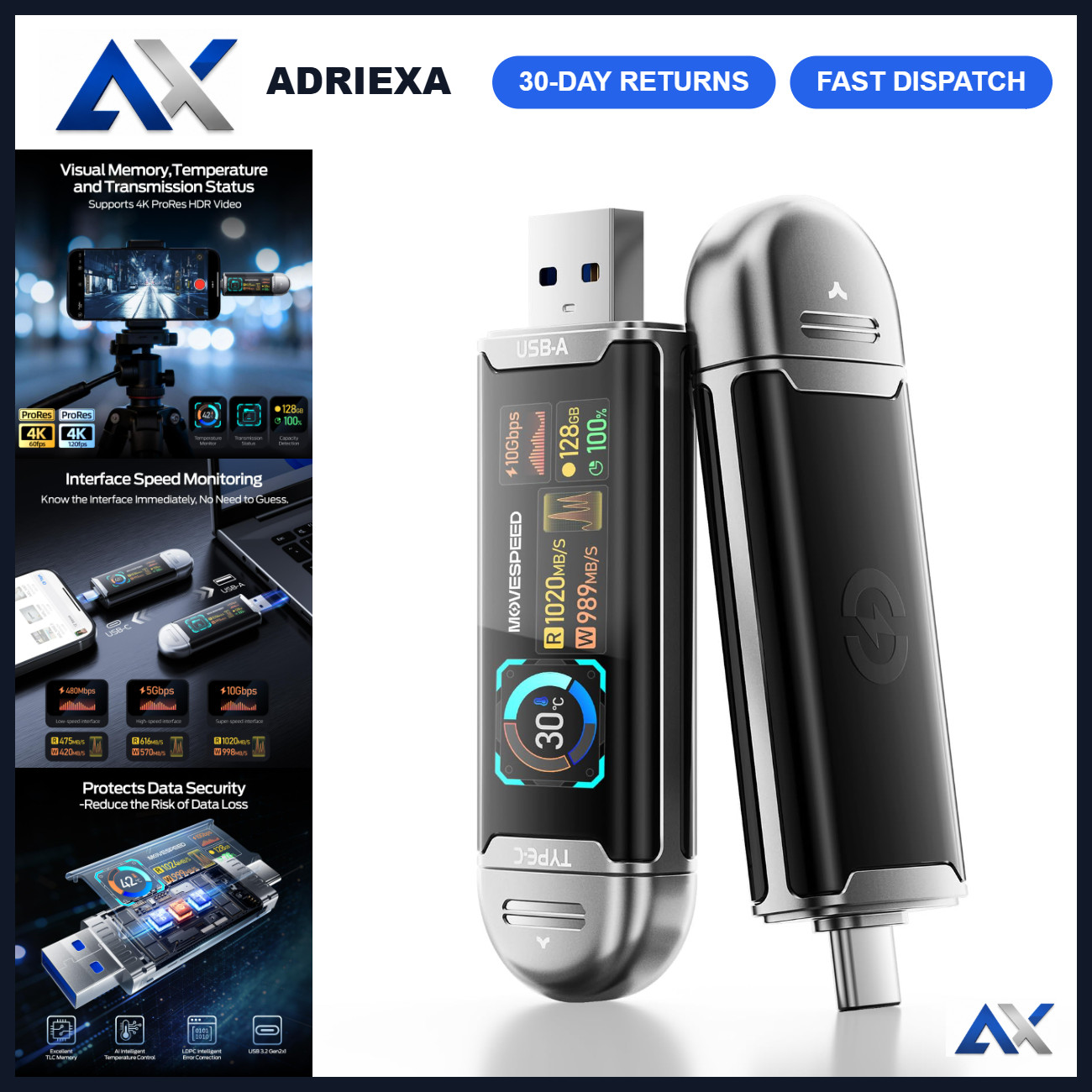 128GB USB Drive with Smart Display, 1090MB/s USB 3.2 Gen2 Type C SSD for 4K Vide
