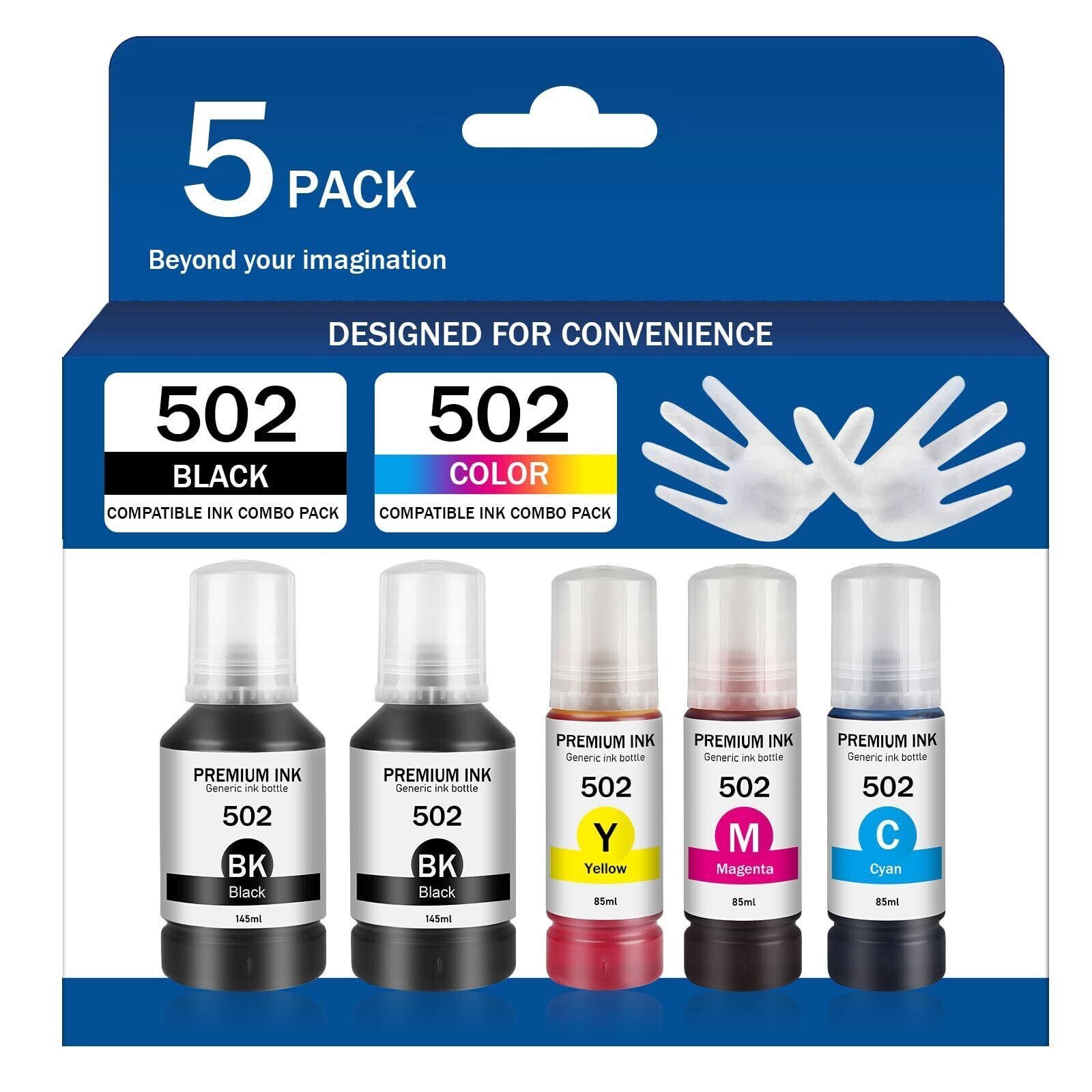 5 pack Refill Ink Bottles Fit for Epson EcoTank T502 T522 Workforce ET-4750