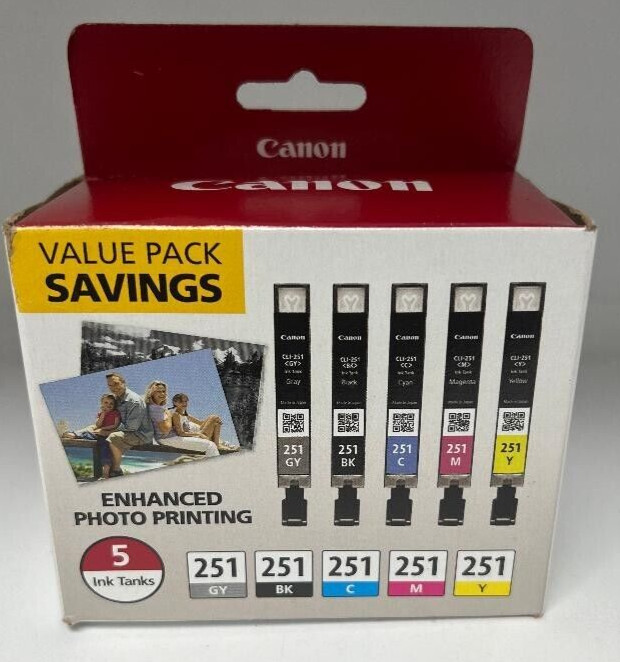 Canon CLI-251 BK/C/M/Y/GY 5 Color Value Pack Compatible to MG7520, MG5620, MG6