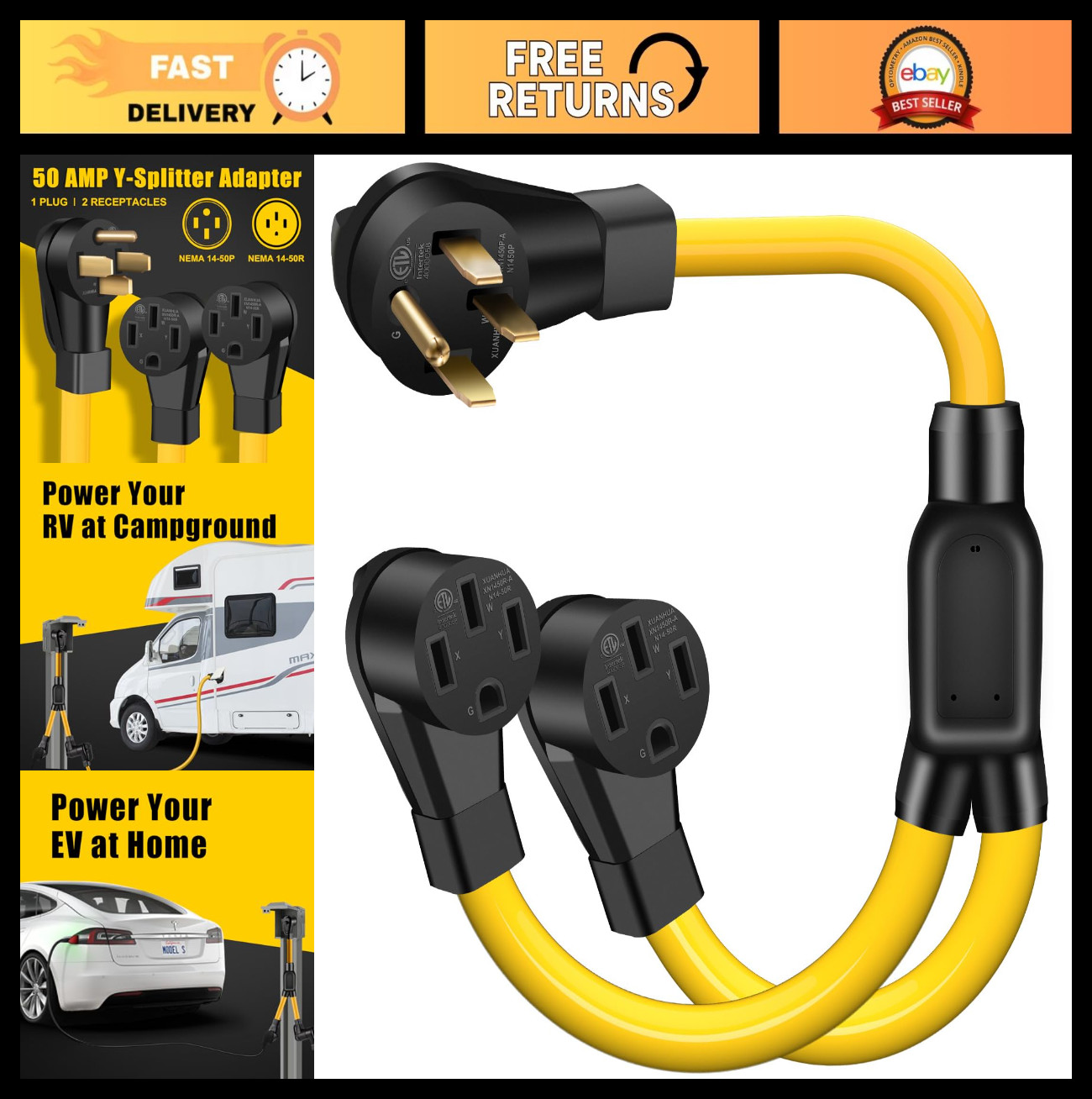 50 Amp Y Splitter Adapter Cord for RV/EV, 4 Prong 250V, Heavy Duty 3FT Extension