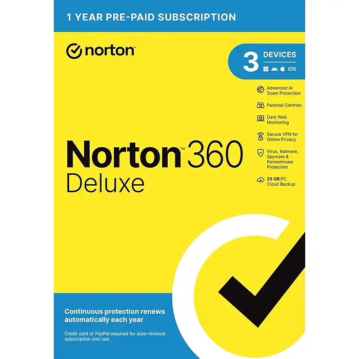 Norton 360 Deluxe 3 Devices 25GB PC Cloud Storage New 2026 VPN Internet Security