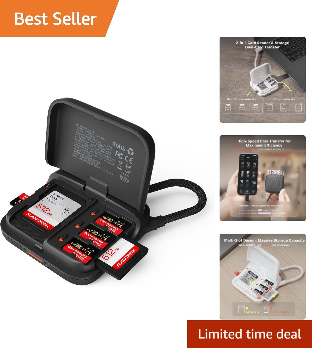High-Speed Dual-Slot Card Reader: Organize 4 Micro SD & 2 SD Cards Effortlessly
