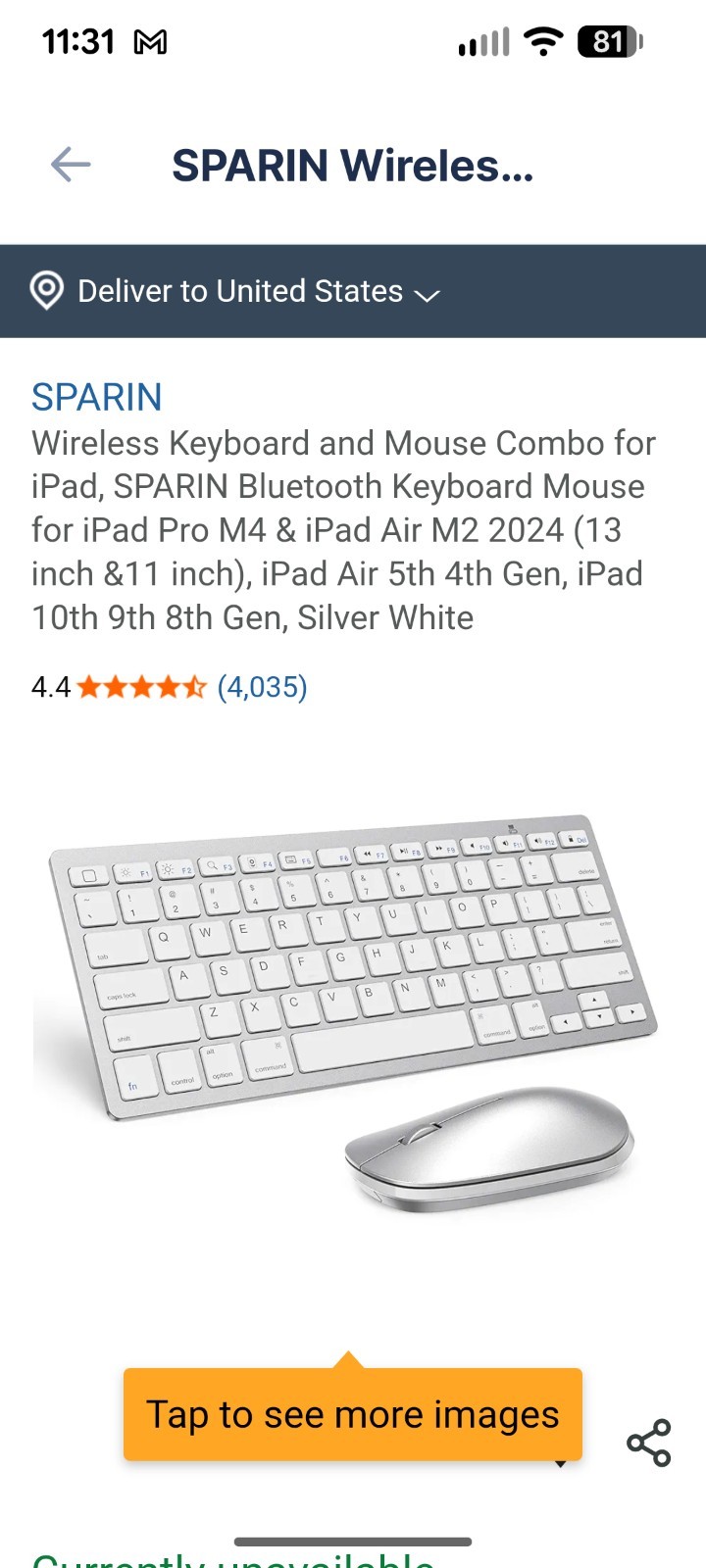 Wireless Bluetooth Keyboard Mouse Combo, Silver/White, Silent Click