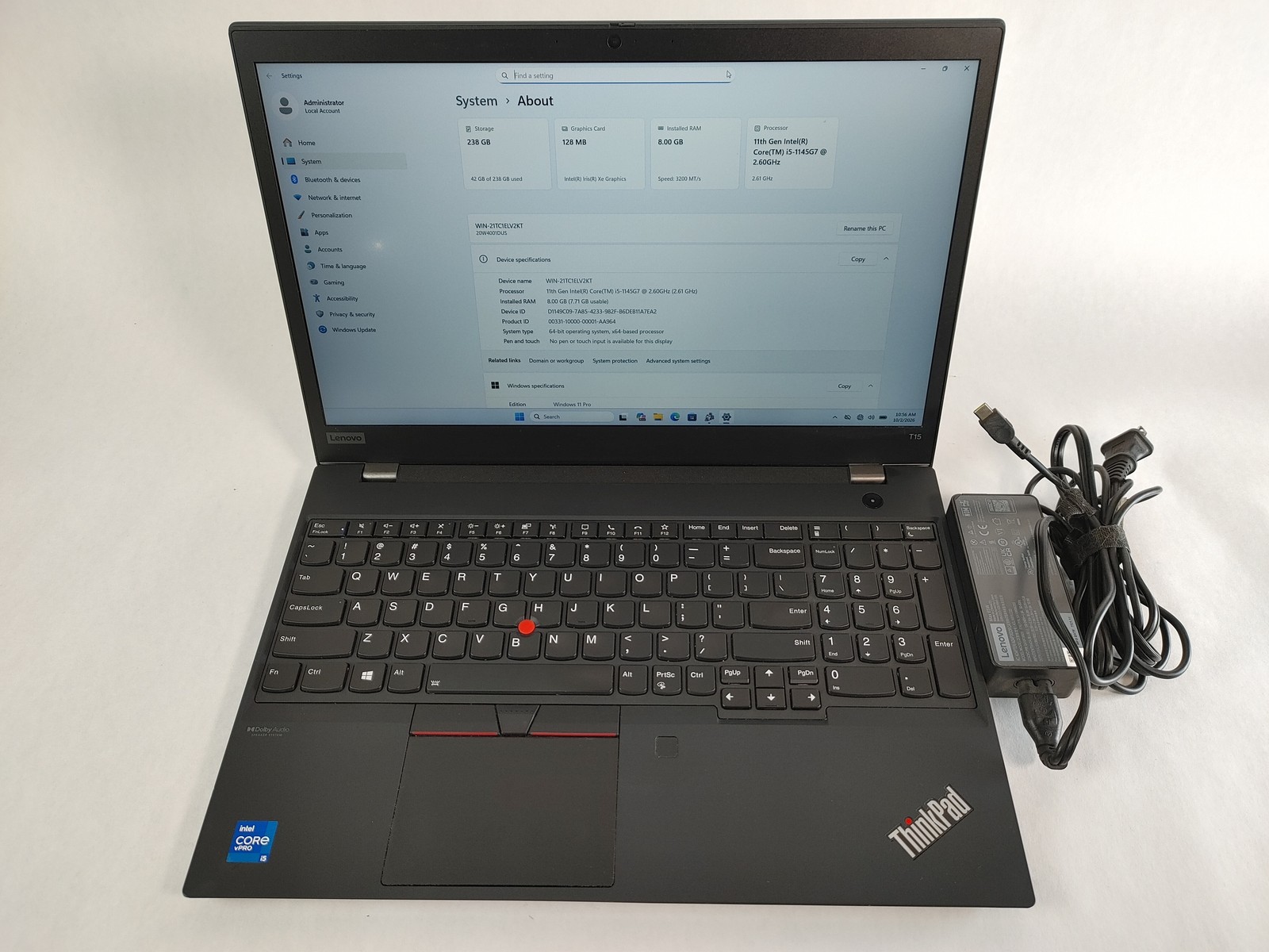 Lenovo ThinkPad T15 Gen 2 Core i5-1145G7 2.60 GHz 8 GB DDR4 256 GB NVMe Windows
