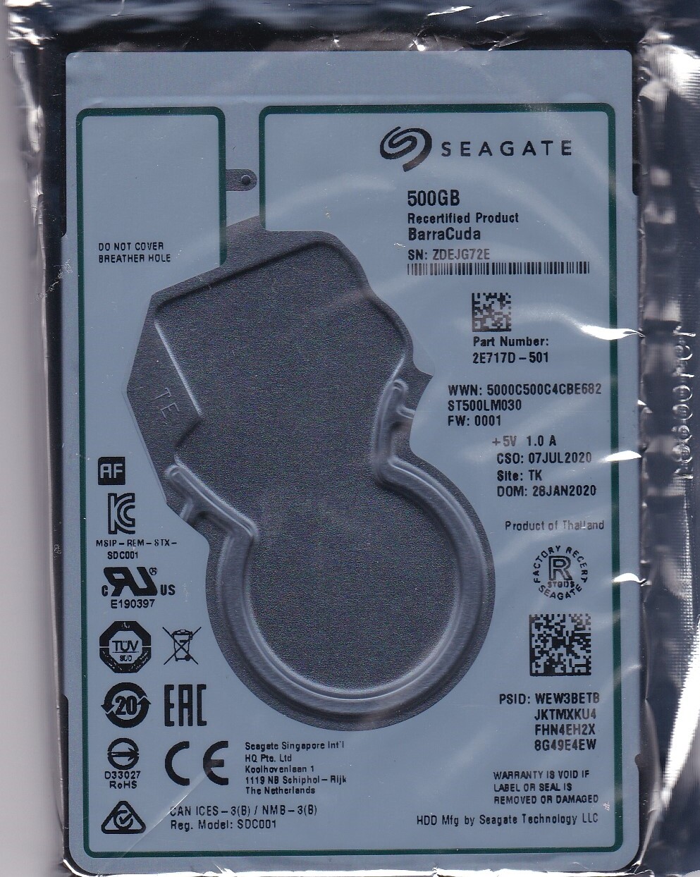 ST500LM030 pn: 2E717D-501 fw:0001 sn: ZDE TK 2020 500GB SATA 2.5" A19-08
