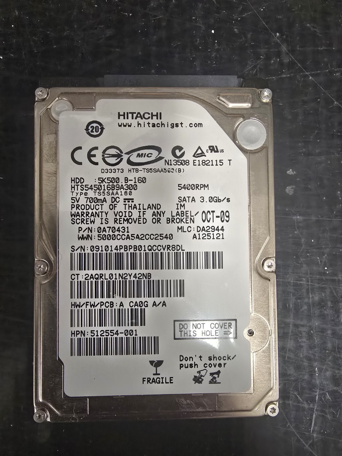 Hitachi 5K500.B-160 HTS545016B9A300 160Gb SATA Laptop Hard Disk Drive - Tested