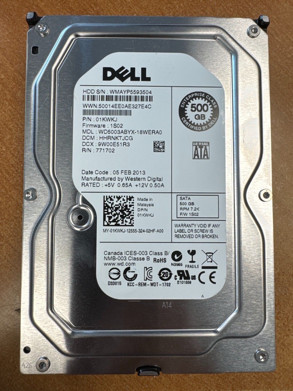 Dell WD5003ABYX-18WERA0 500GB 3.5" 3Gb/s 7.2K RPM SATA HDD Dell P/N: 01KWKJ