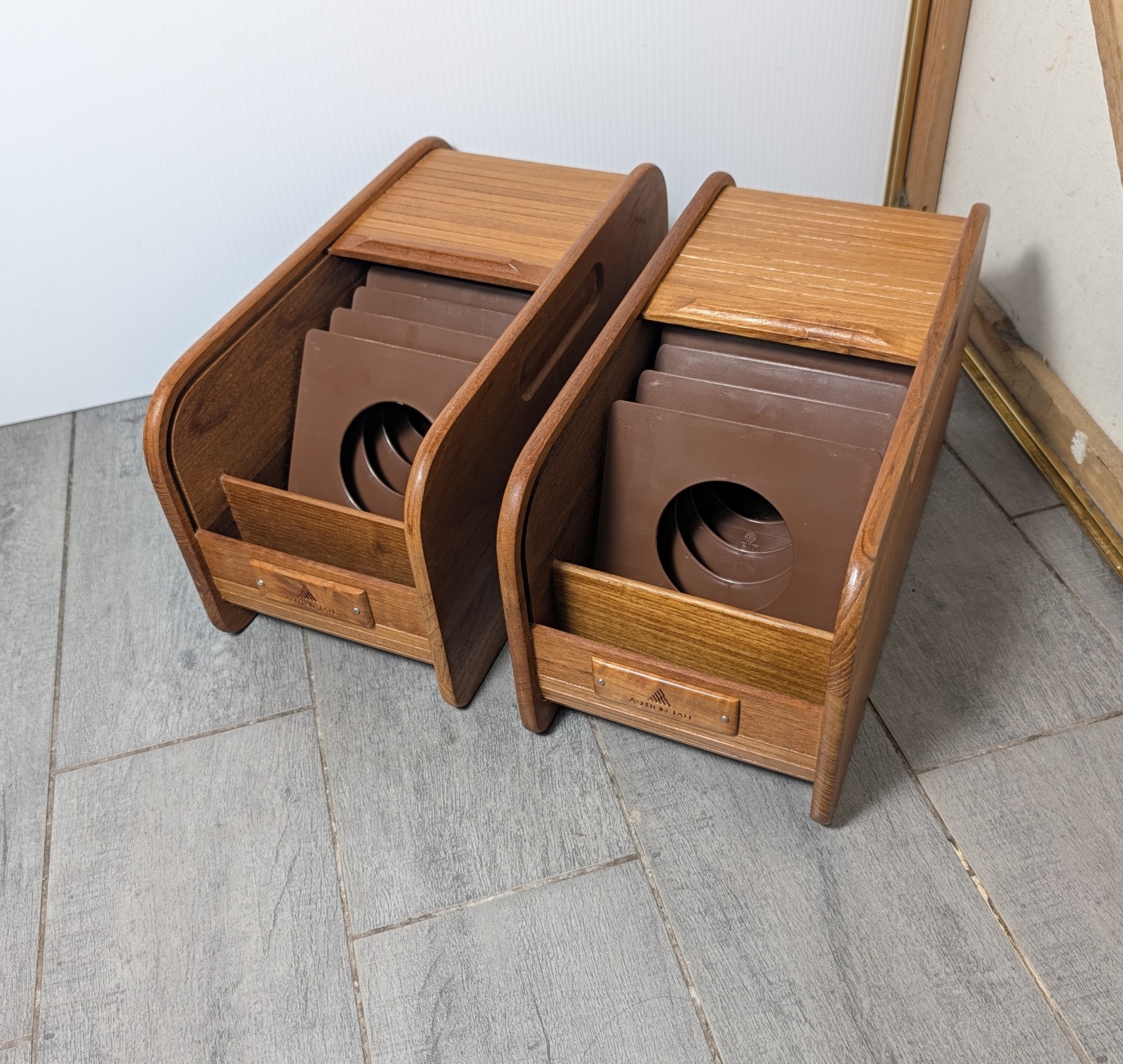 Vintage MCM Pair of EID Teak Ashton-Tate Roll Top 5.25 Floppy Disk Storage Boxes