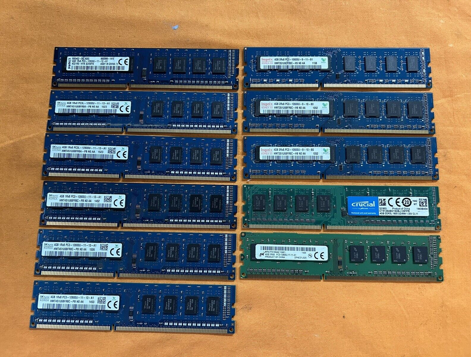 Lot of 11 - 4GB PC3-12800U & 10600U Misc. Desktop Memory