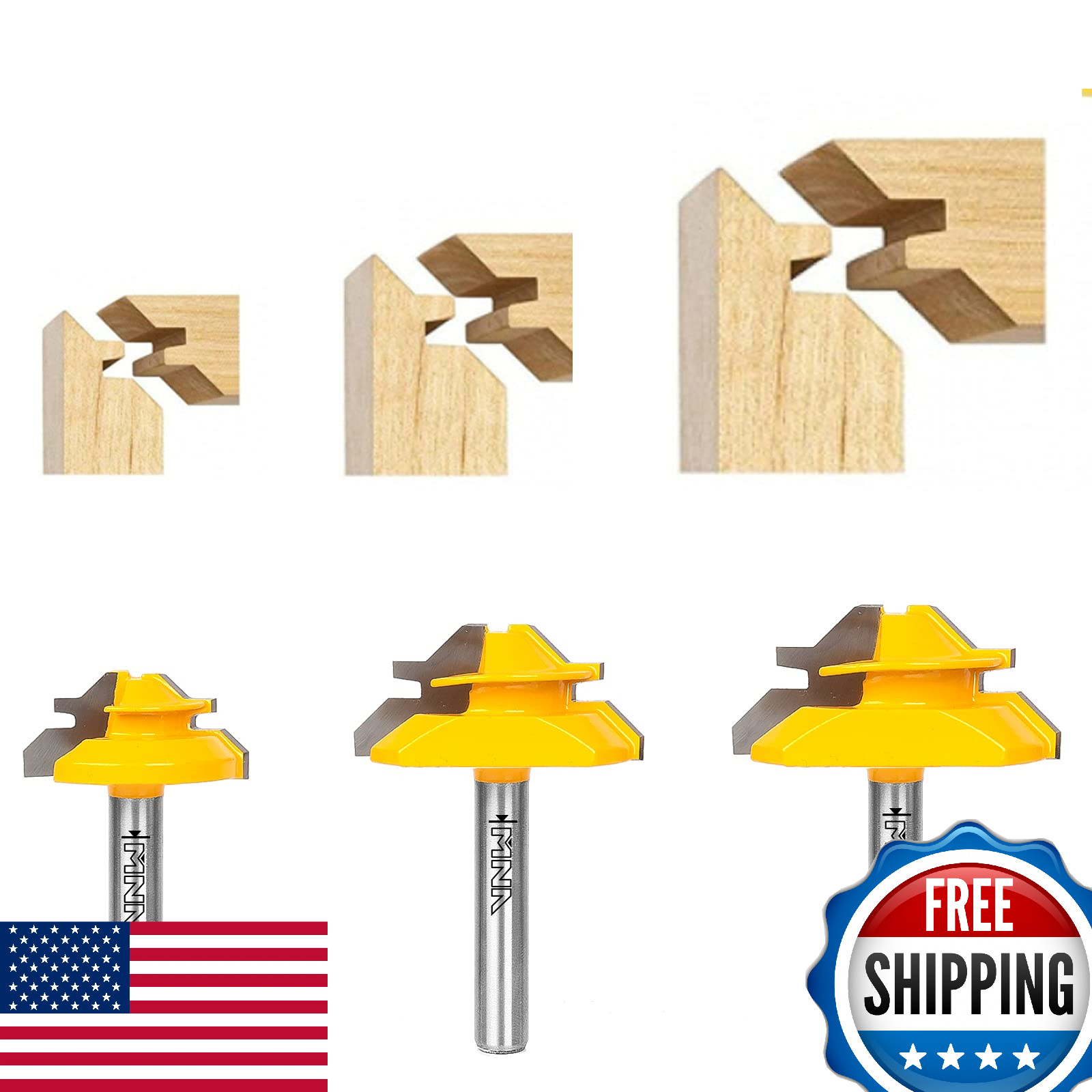 MNA 45 Degree Lock Miter Router Bit 3-Piece Set 1/2 5/8 3/4 Inch Shank