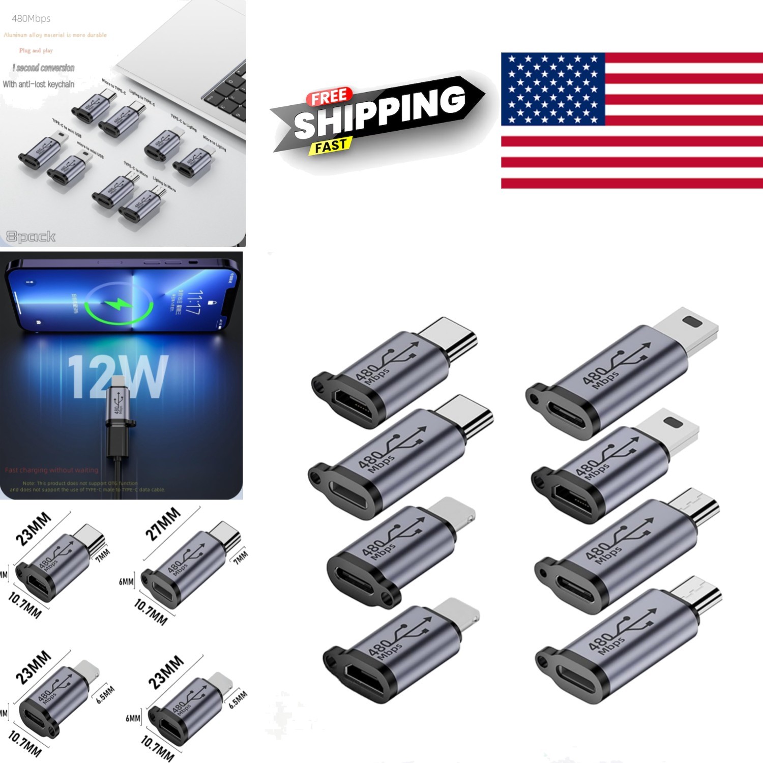 8Pack USB Adapter Kit with USB C Micro USB Mini USB Connectors for Fast Charging