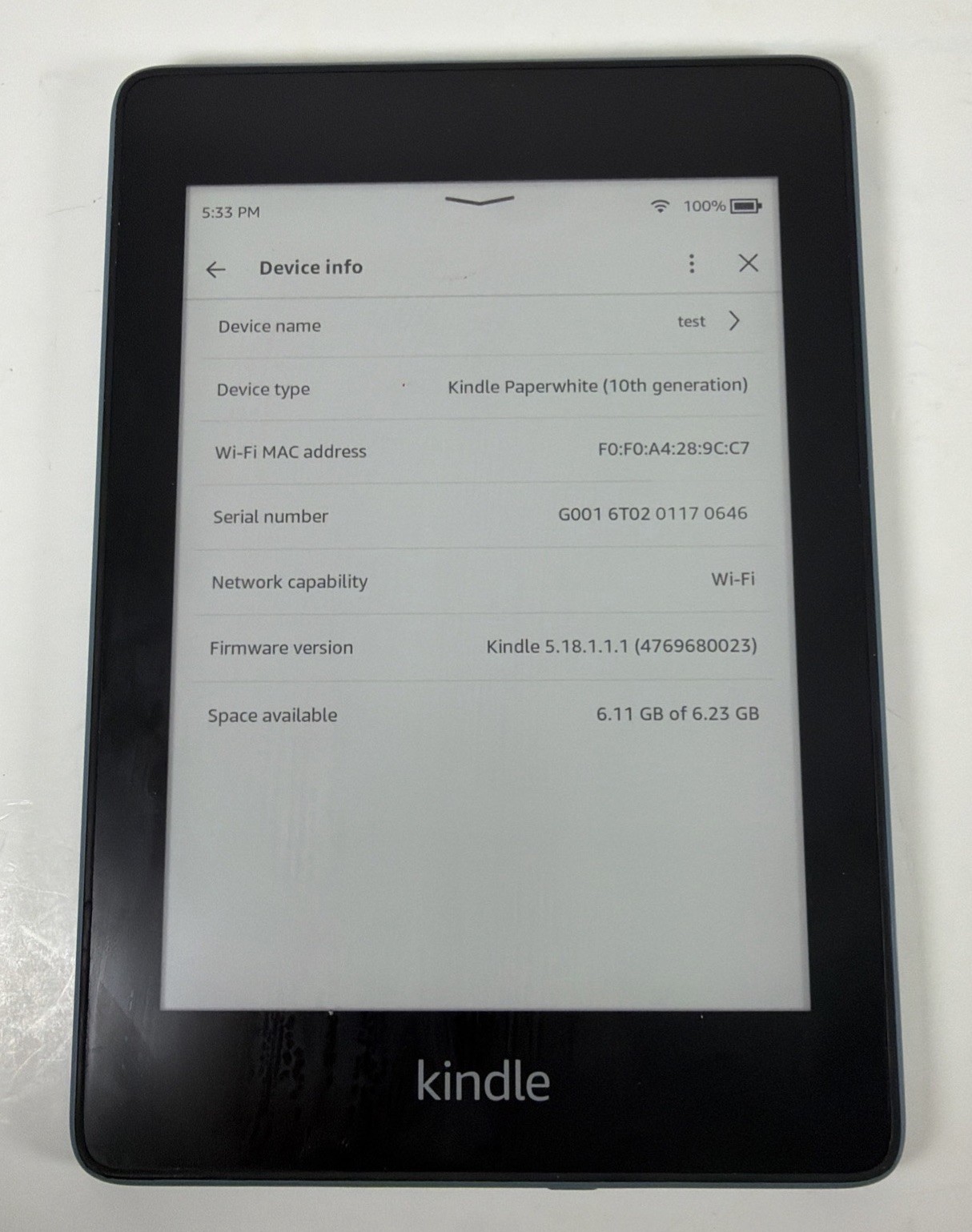 Amazon Kindle PaperWhite 10th gen WiFi/8GB (PQ94WIF) Tested & Reset Works