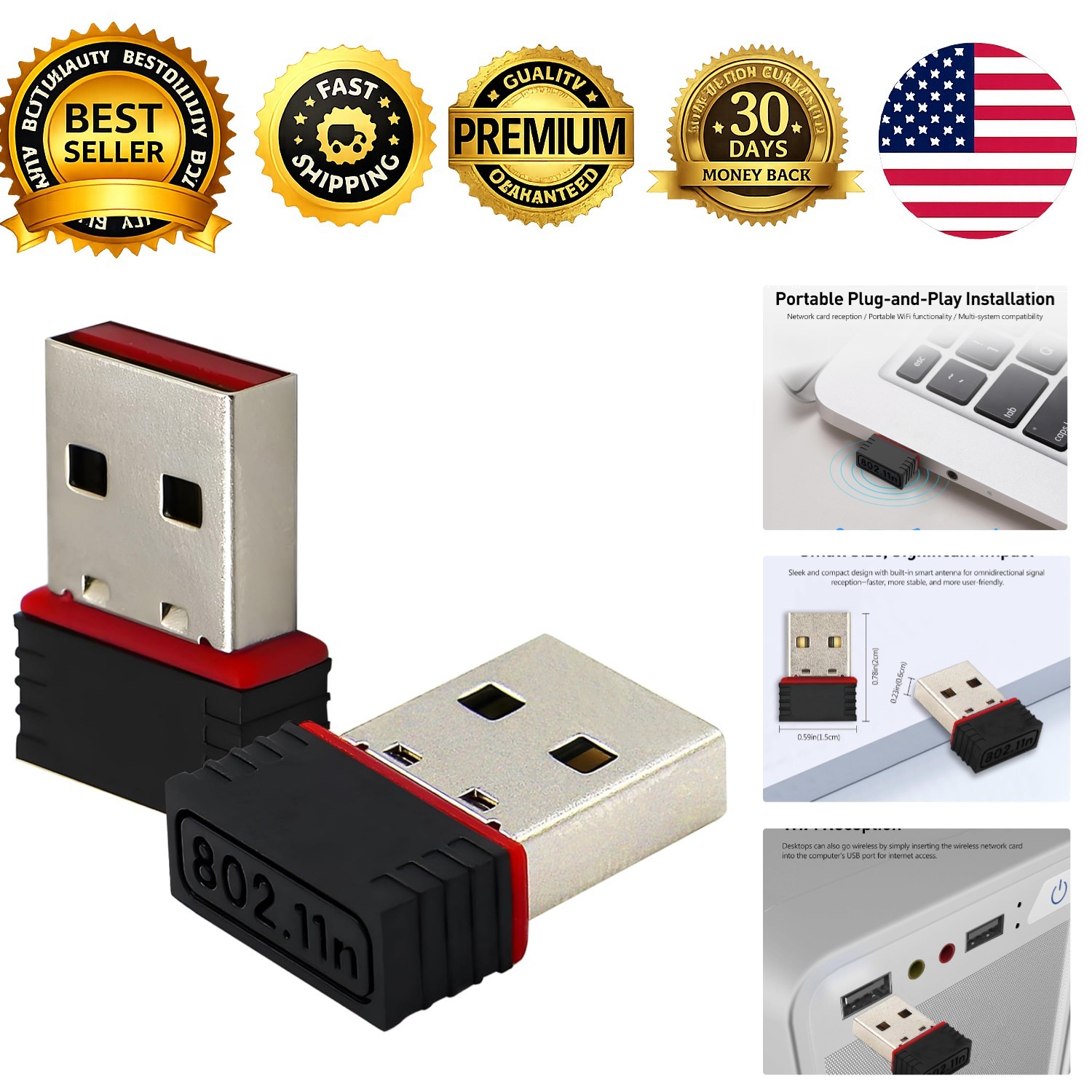 2 Pack 150Mbps Wireless USB WiFi Adapter Single Band 2.4GHz Plug and Play Win10
