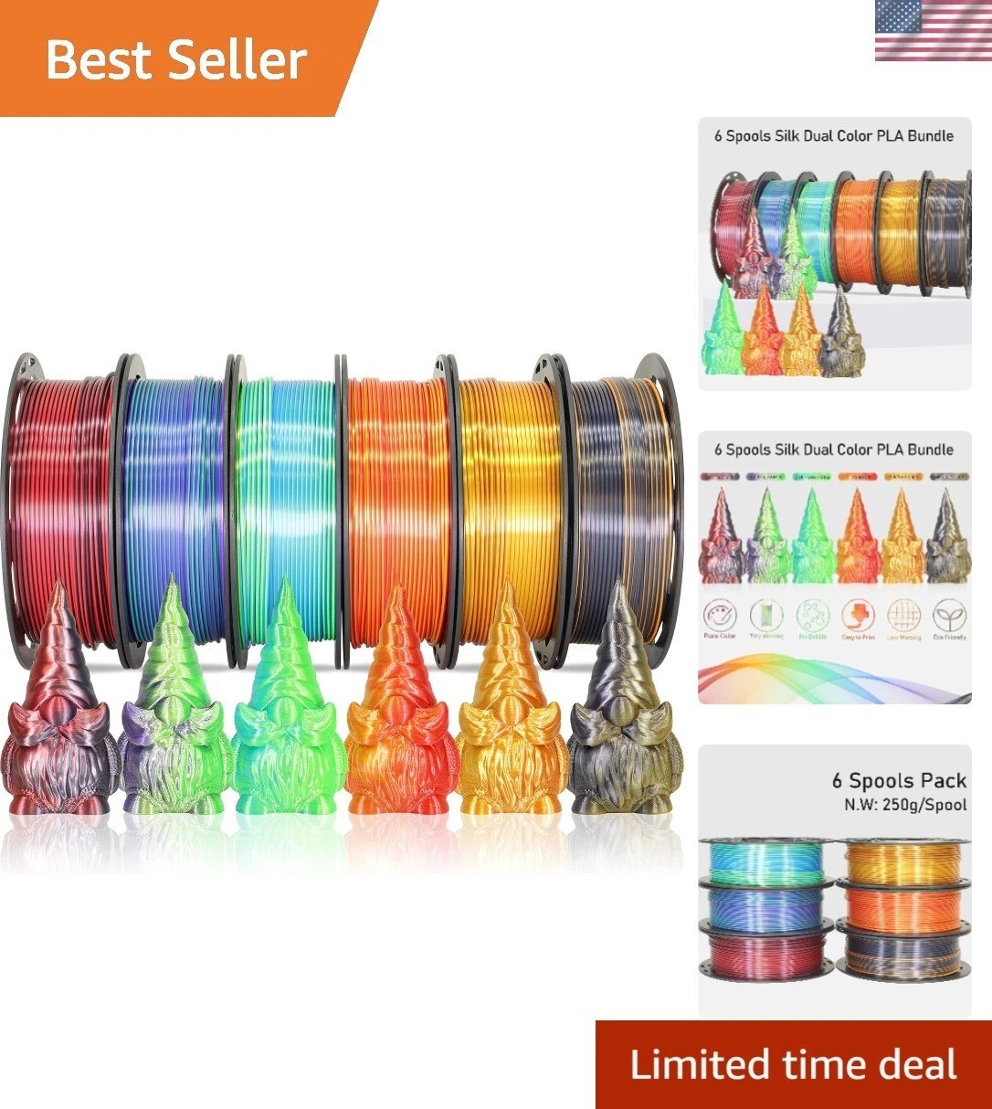 6 Spools Bicolor Dual Color 1.75mm 3D Printer Filament Bundle, 3D Printing Si...