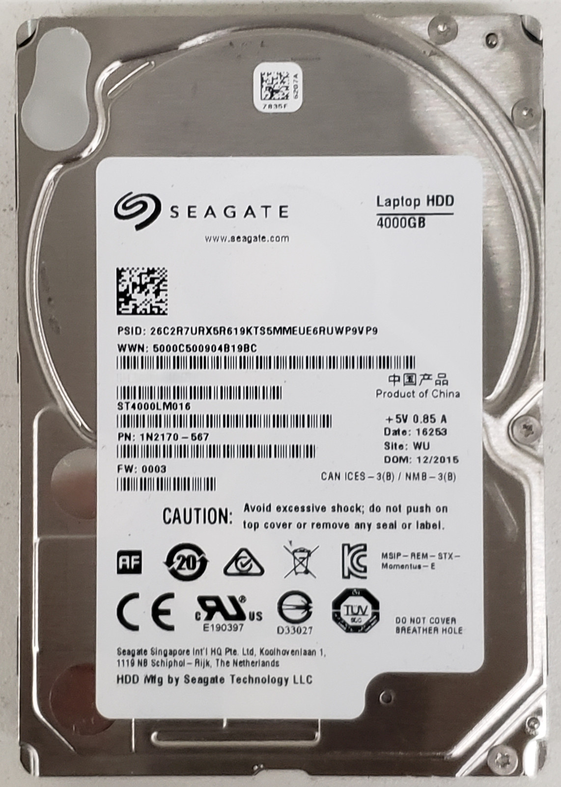 Seagate ST4000LM016 4TB 2.5" SATA 6Gb/s 5400RPM 128MB HDD P/N: 1N2170-567.
