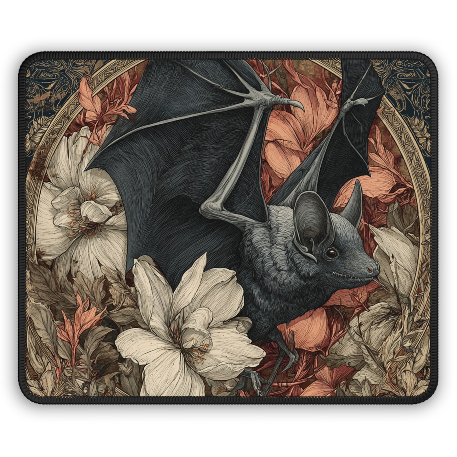 Gothic Bat surrounded by Vintage Flowers Gaming Mouse Pad