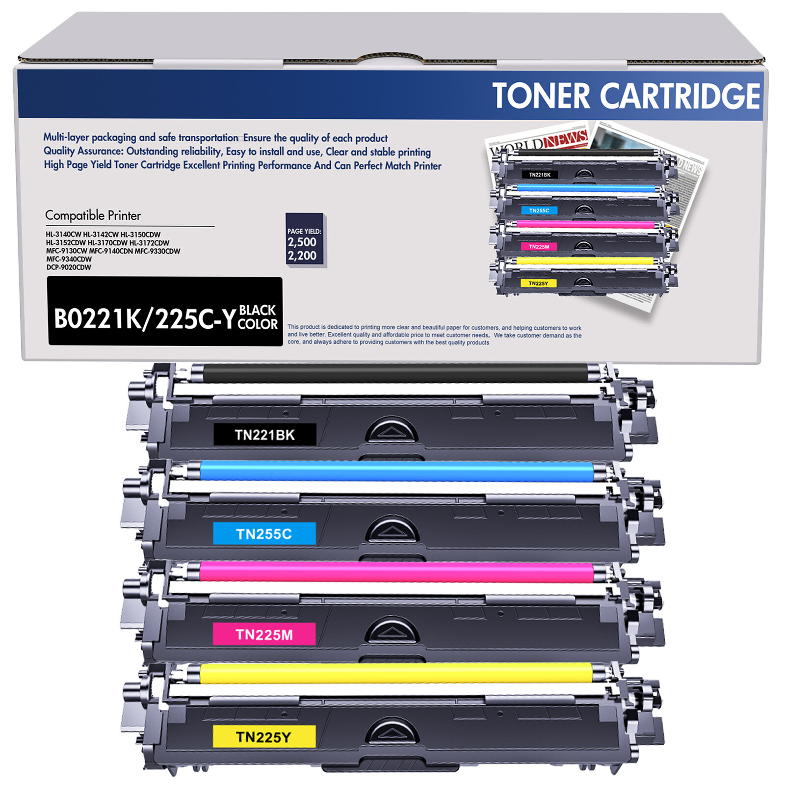4x TN225 Toner Compatible With Brother TN221BK HL-3170CDW MFC-9130CW MFC-9340CDW