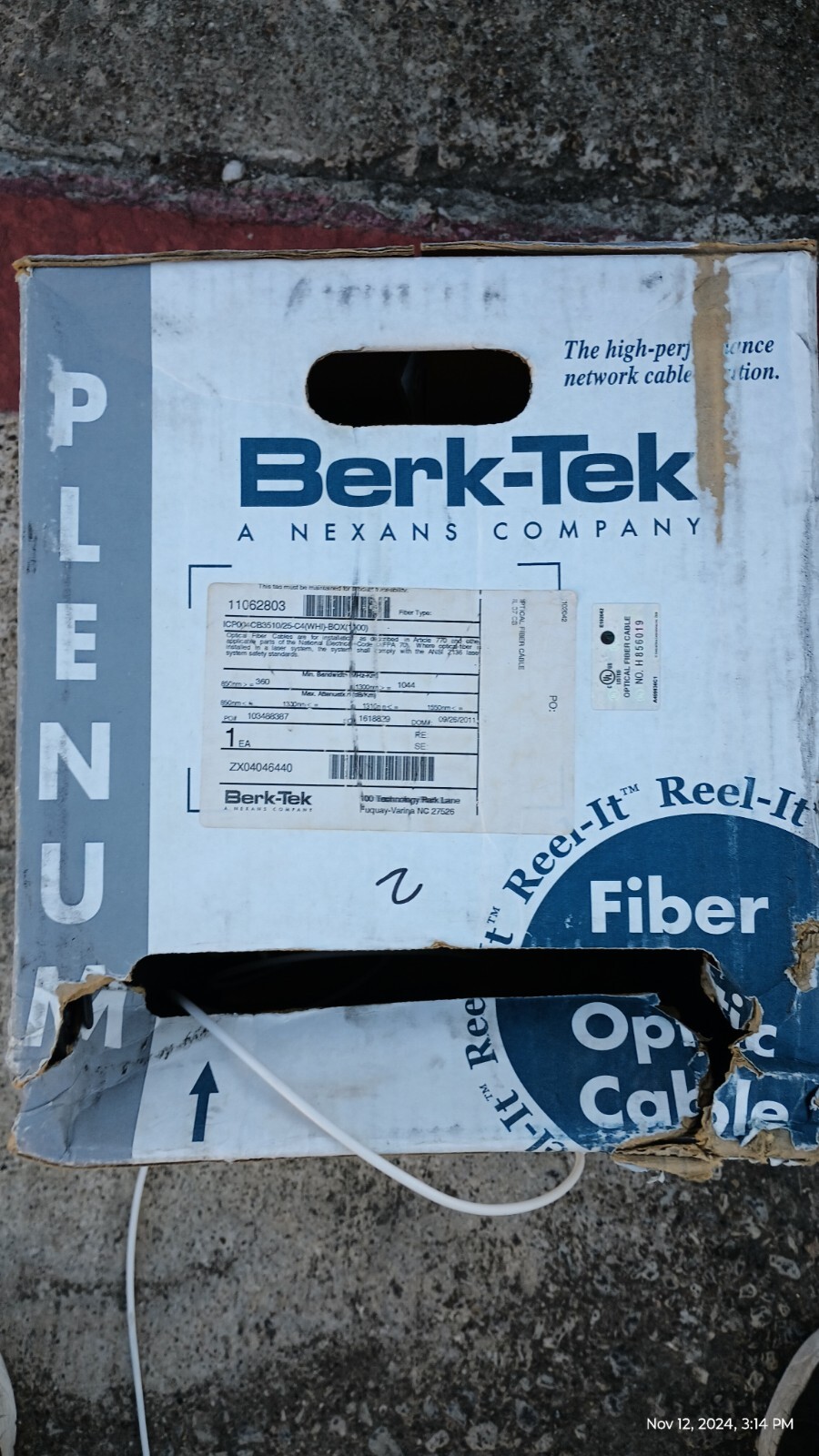 Berk-Tek Muti-Mode   Fiber Optic Cable 6 Strand  White Plenum 62.5/125  426feet