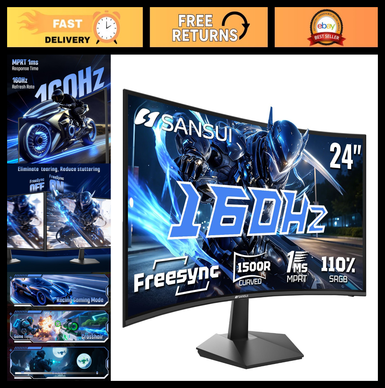 24" Curved 160Hz Gaming Monitor, 1500R Ultra-Smooth Display, Immersive Gaming Ex