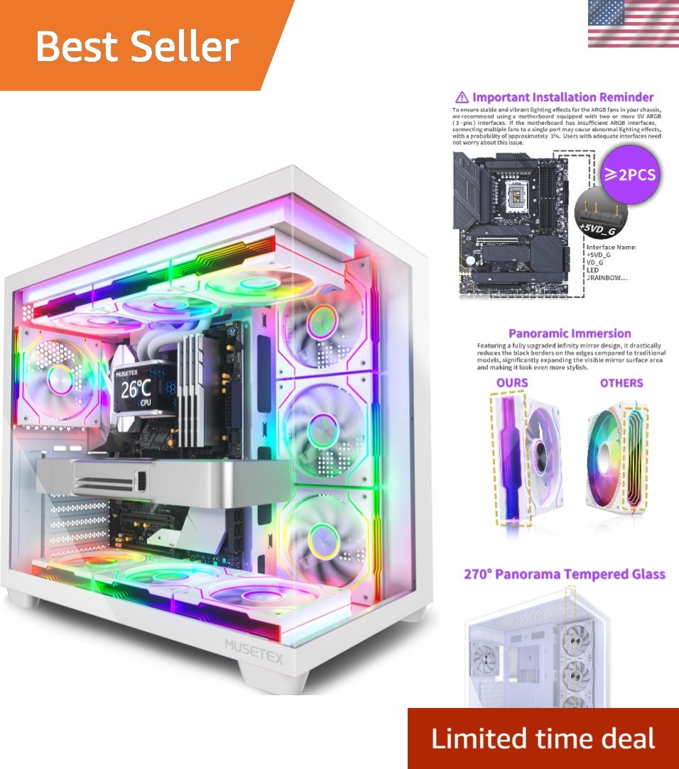 Y6 PC Case, Pre-Installed 7 Infinity Mirror PWM ARGB Fans, ATX Mid Tower Comp...