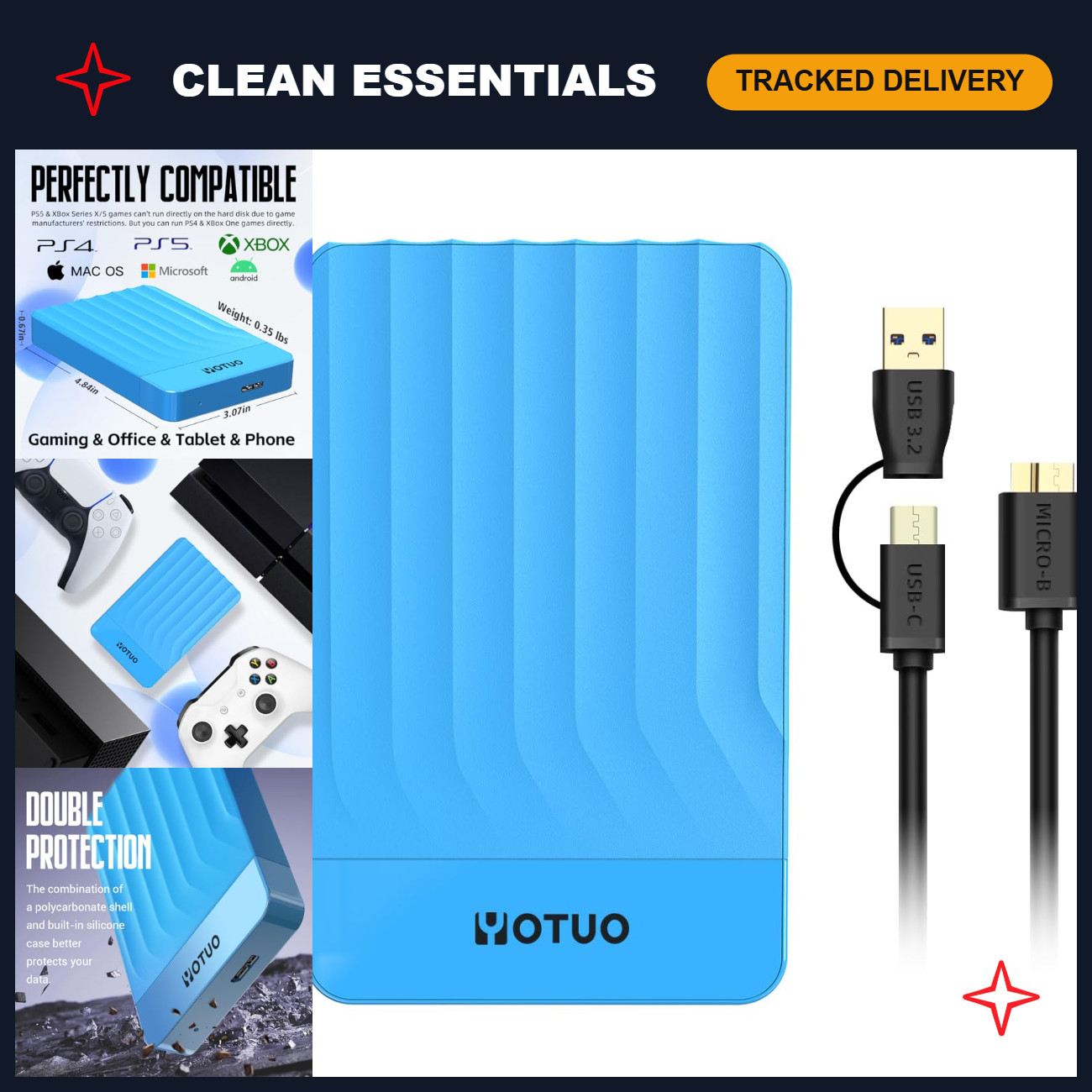 750GB Portable External Hard Drive - USB 3.0 & USB-C Storage for PC, Mac, PS4, X