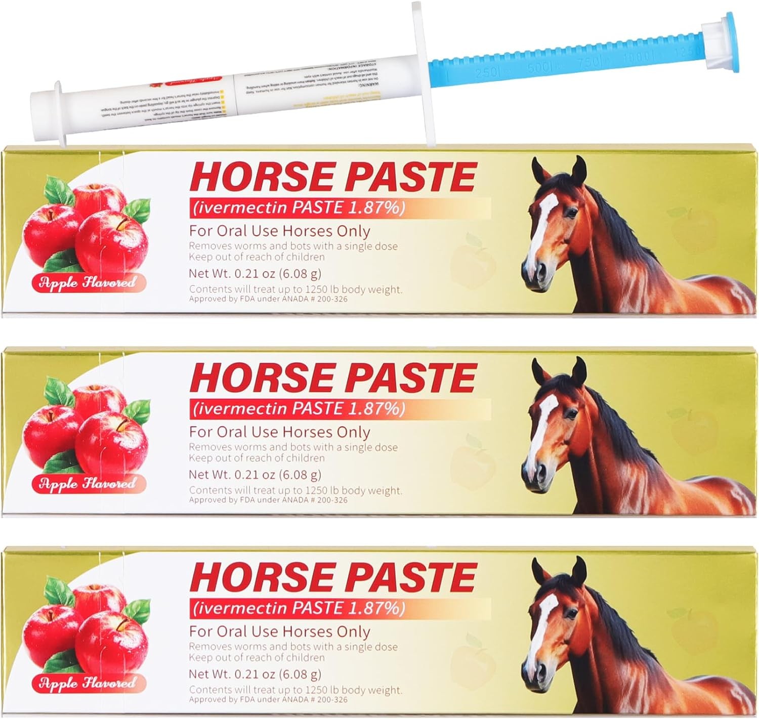Paste 1.87% – Apple Flavored – 6.08g Tube – for Horses Up to 1250 lb - 3 Pack