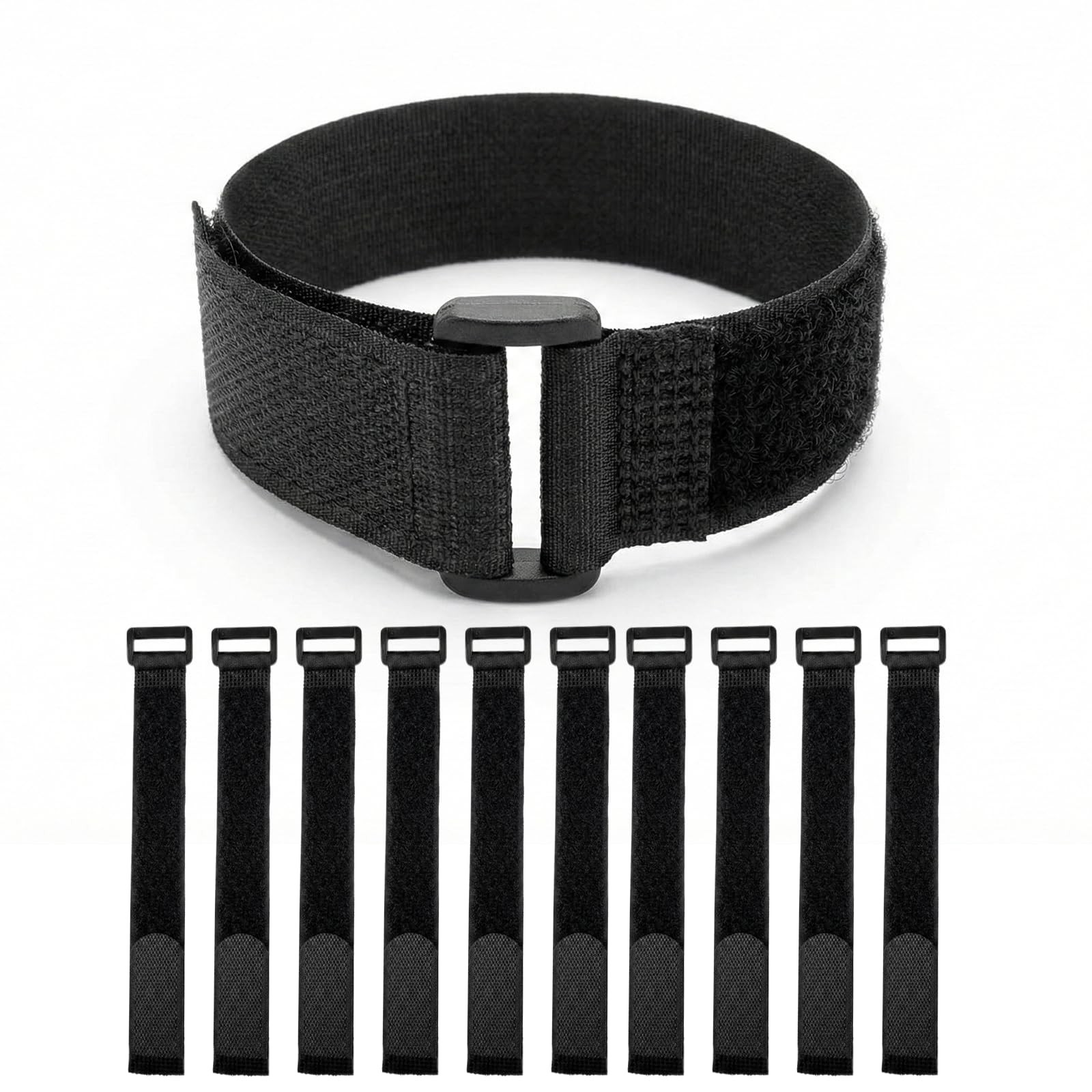 10 Pack Fastening Nylon Strap w/ Buckle, Self-Adhesive Hook & Loop Cable, 1x12"