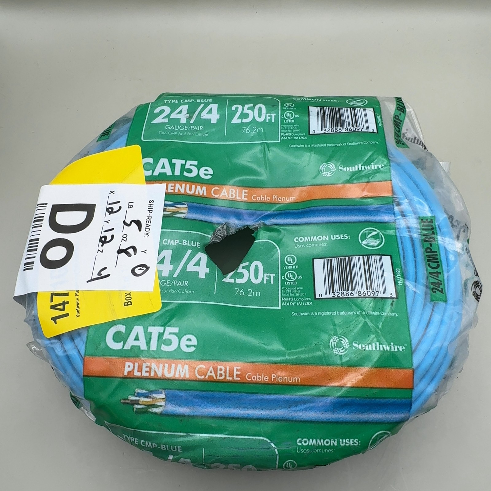 Southwire 250-ft 24/4 24 CAT 5e 4 Plenum Blue Data Cable Coil