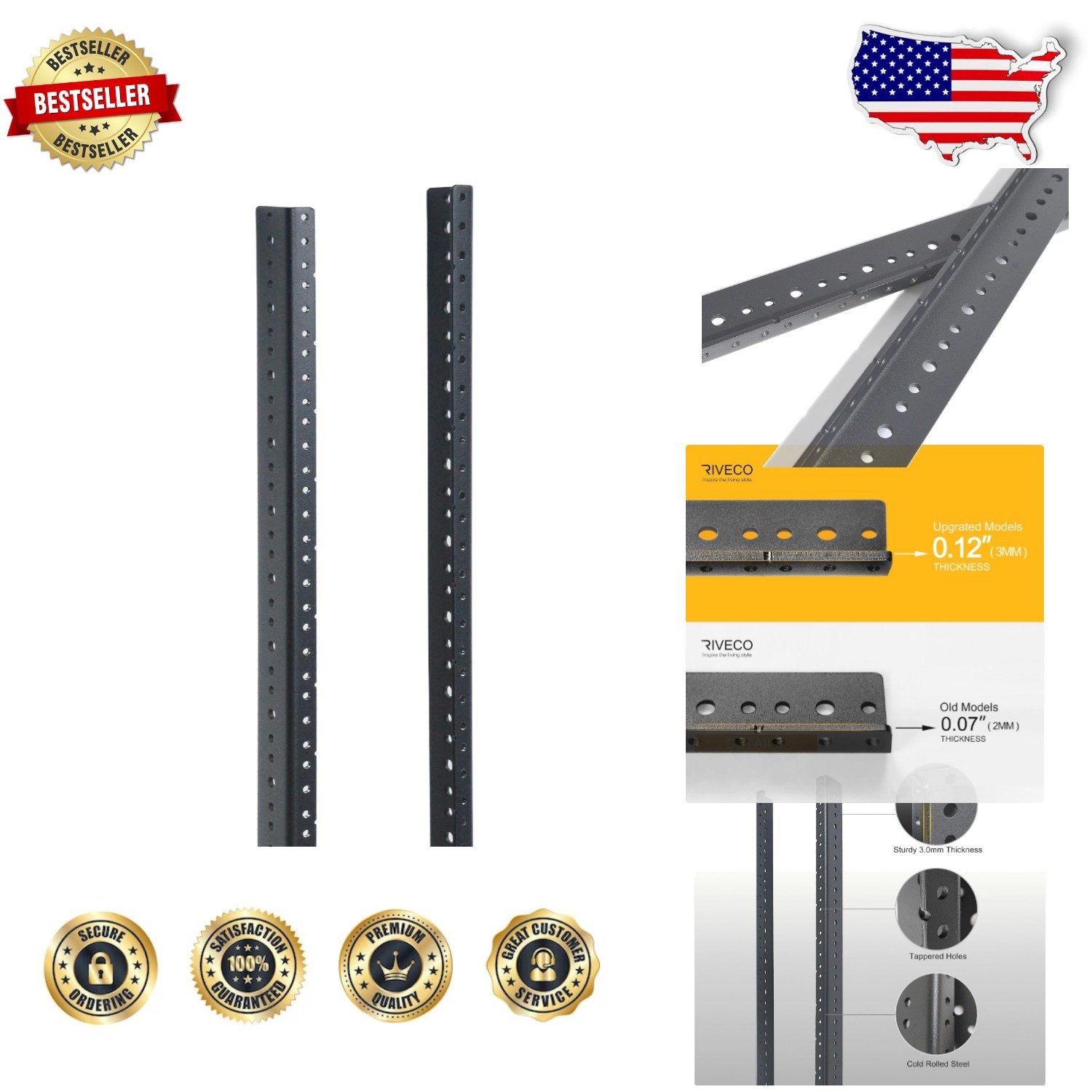 Heavy Duty 16U Rack Mount Rails 3mm Steel Black 2 PCS for Server Network Equi...