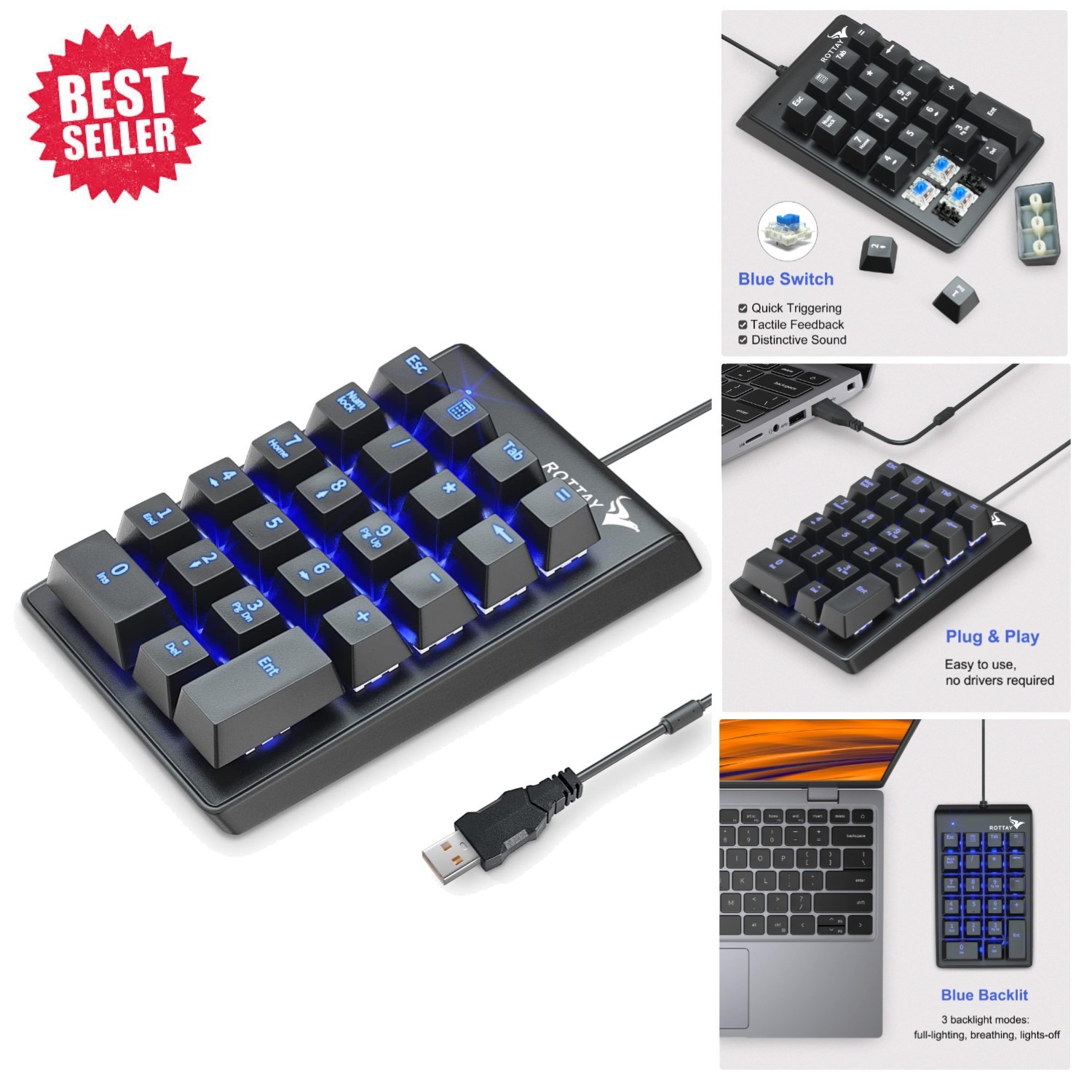 Lightweight USB Wired Numeric Keypad with Ergonomic Design - Perfect for PCs