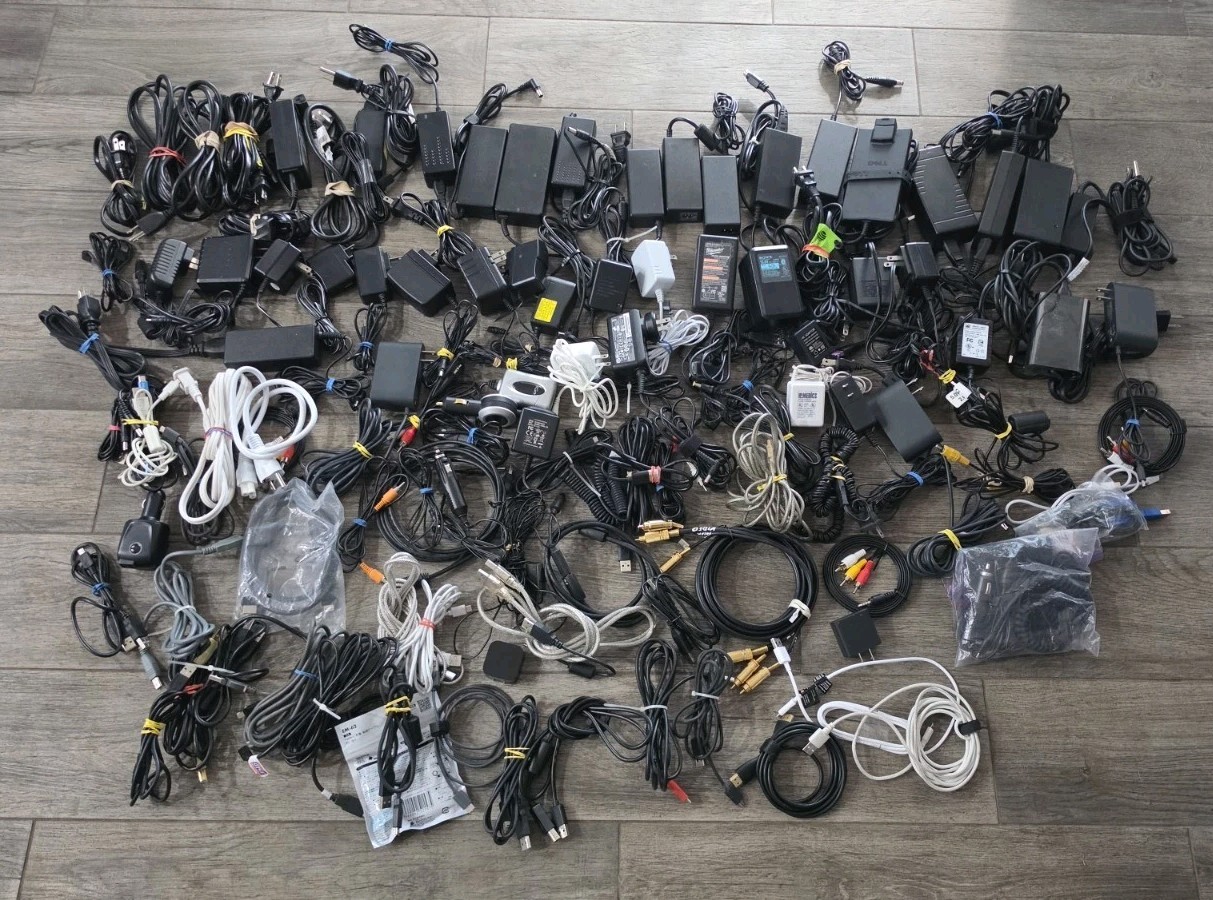 Huge Bulk Mixed Lot of Power Cords AC/DC,  Adapters, Cables, USB, AV, & More