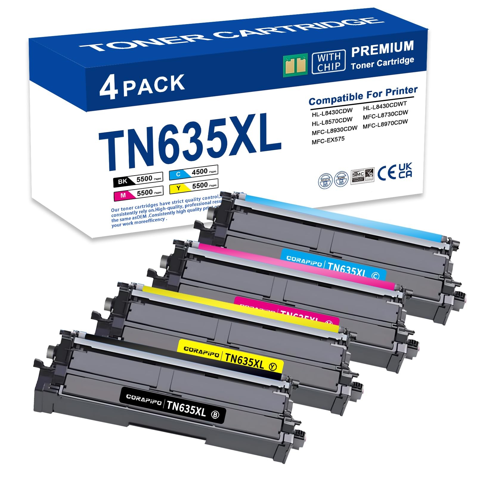 ** NEW Brother Toner | TN635XL / TN635 | Black / Color | High Yield | 4-Pack