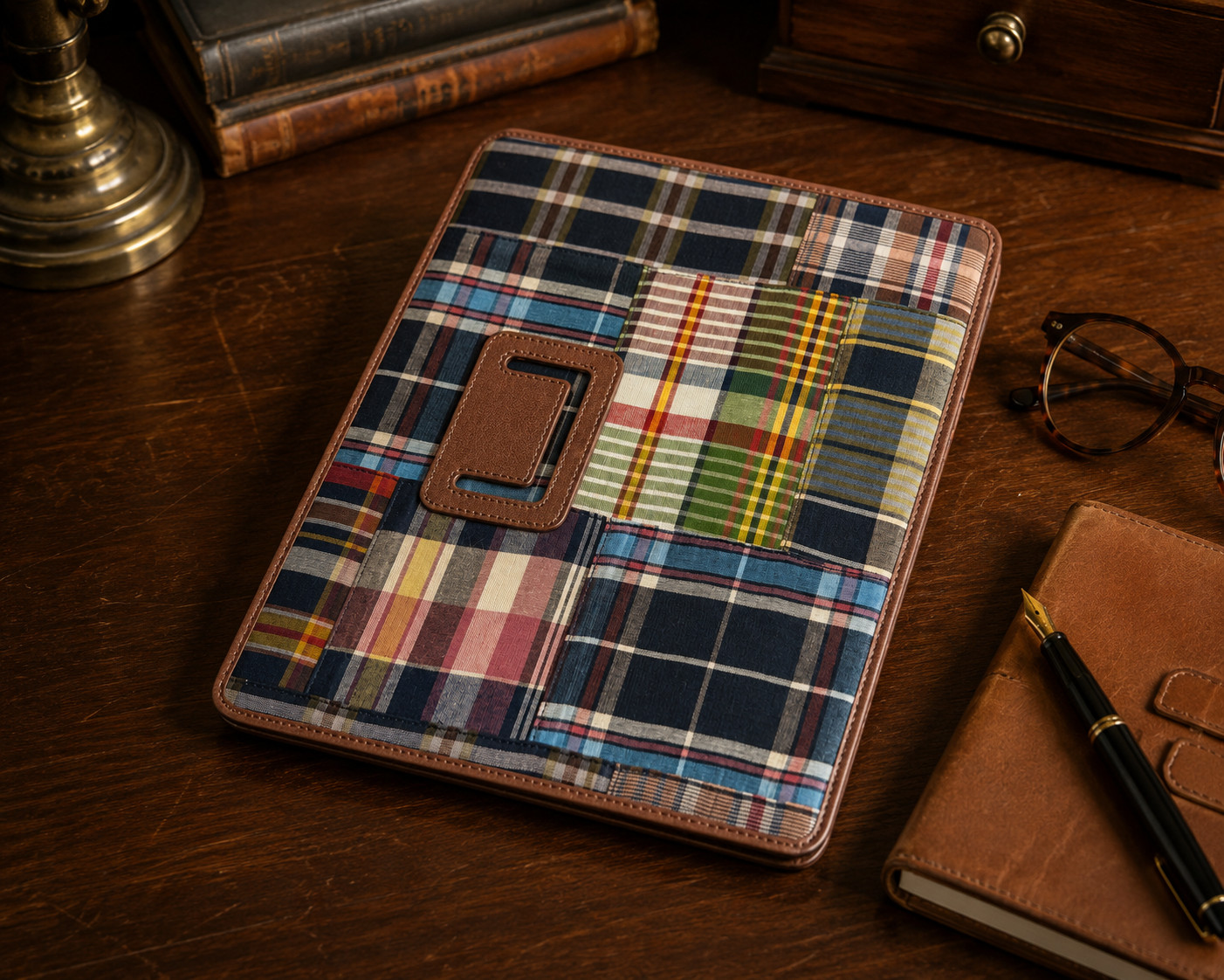 $145 Polo Ralph Lauren Madras Plaid Leather Folio Tablet Patchwork Stand Case