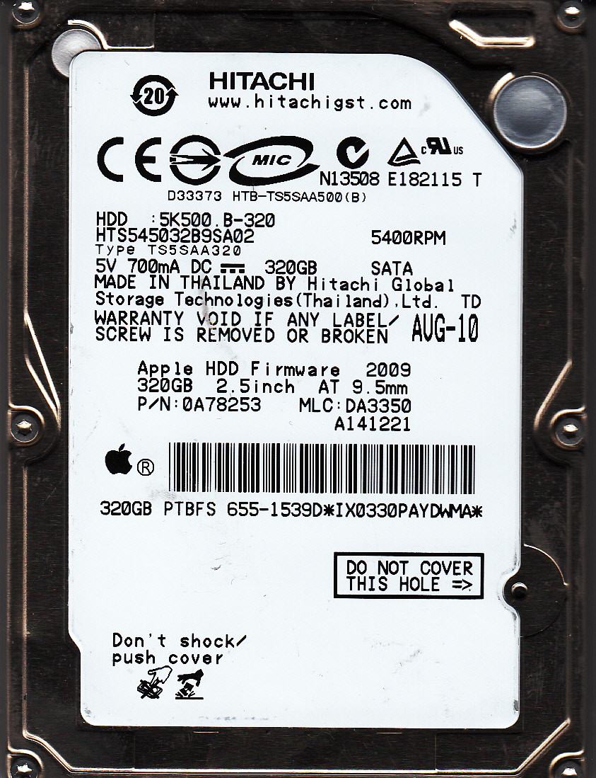 Hitachi HTS545032B9SA02 pn: 0A78253 mlc: DA3350 320GB SATA 2.5 HDD 5922
