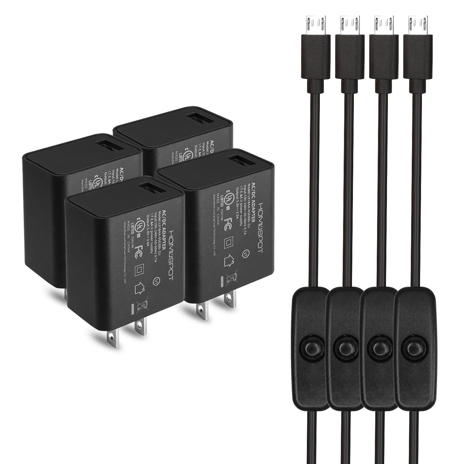 4 Pack 5V 3A Power Supply AC Adapter with Switch & 1.5m Micro USB Cable - Fast C