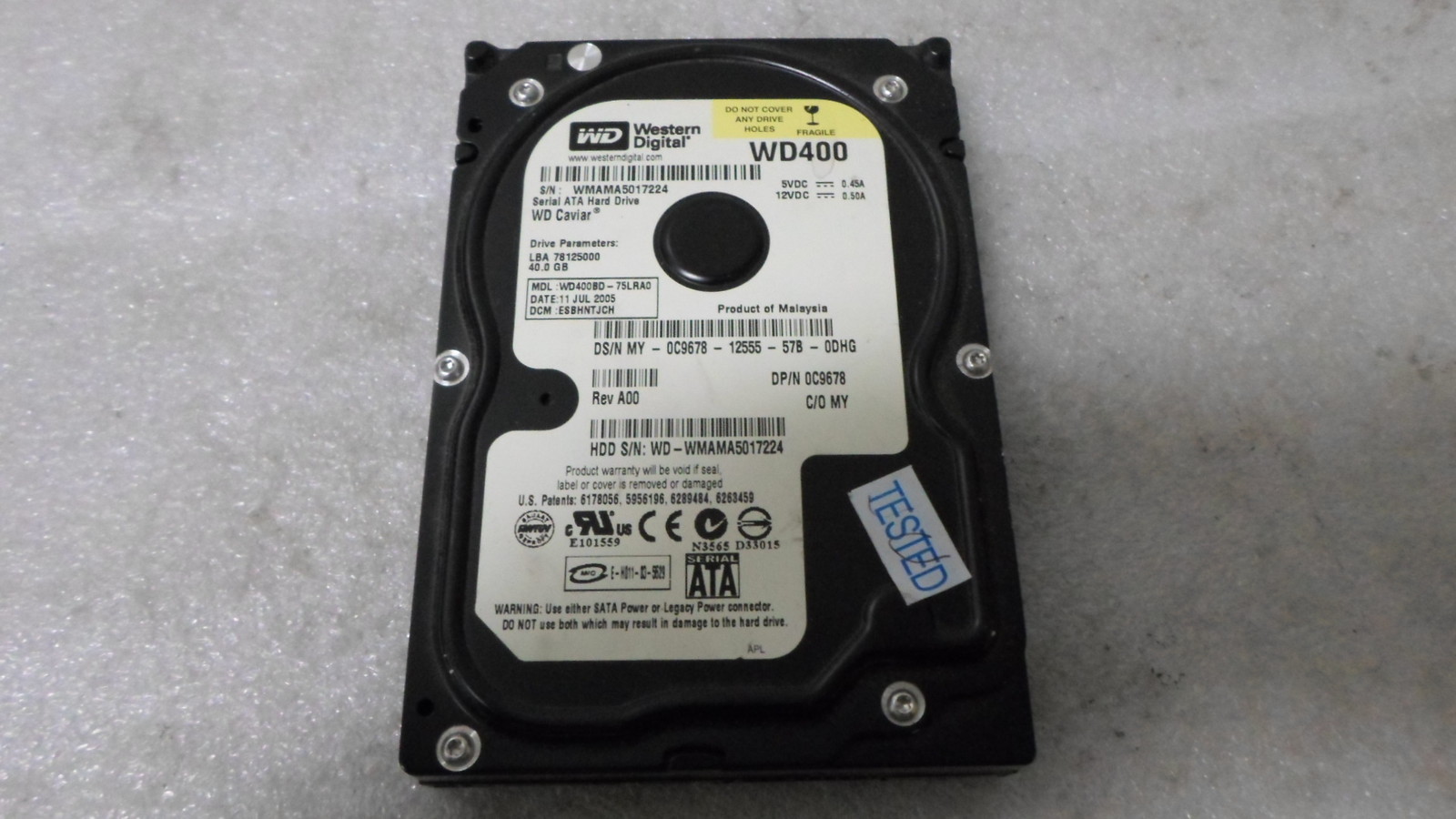 Western Digital WD400BD-75lra0 dell 0c9678 40gb sata hdd 7200rpm used & tested
