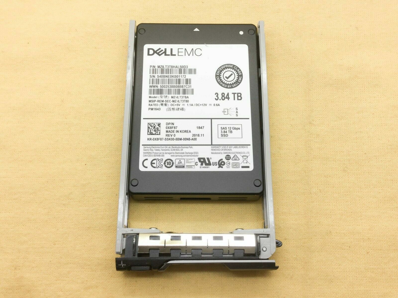 X8F87 DELL EMC 3.84TB 12Gbps SAS 2.5IN SSD 0X8F87 MZ-ILT3T8A health 95-99%