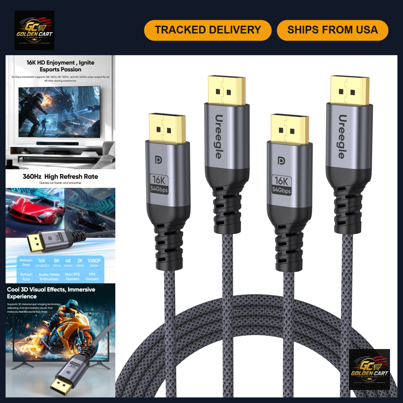 High-Speed DisplayPort 2.1 Cable 6.6ft 2-Pack, 16K 60Hz, 8K 120Hz, 4K 240Hz